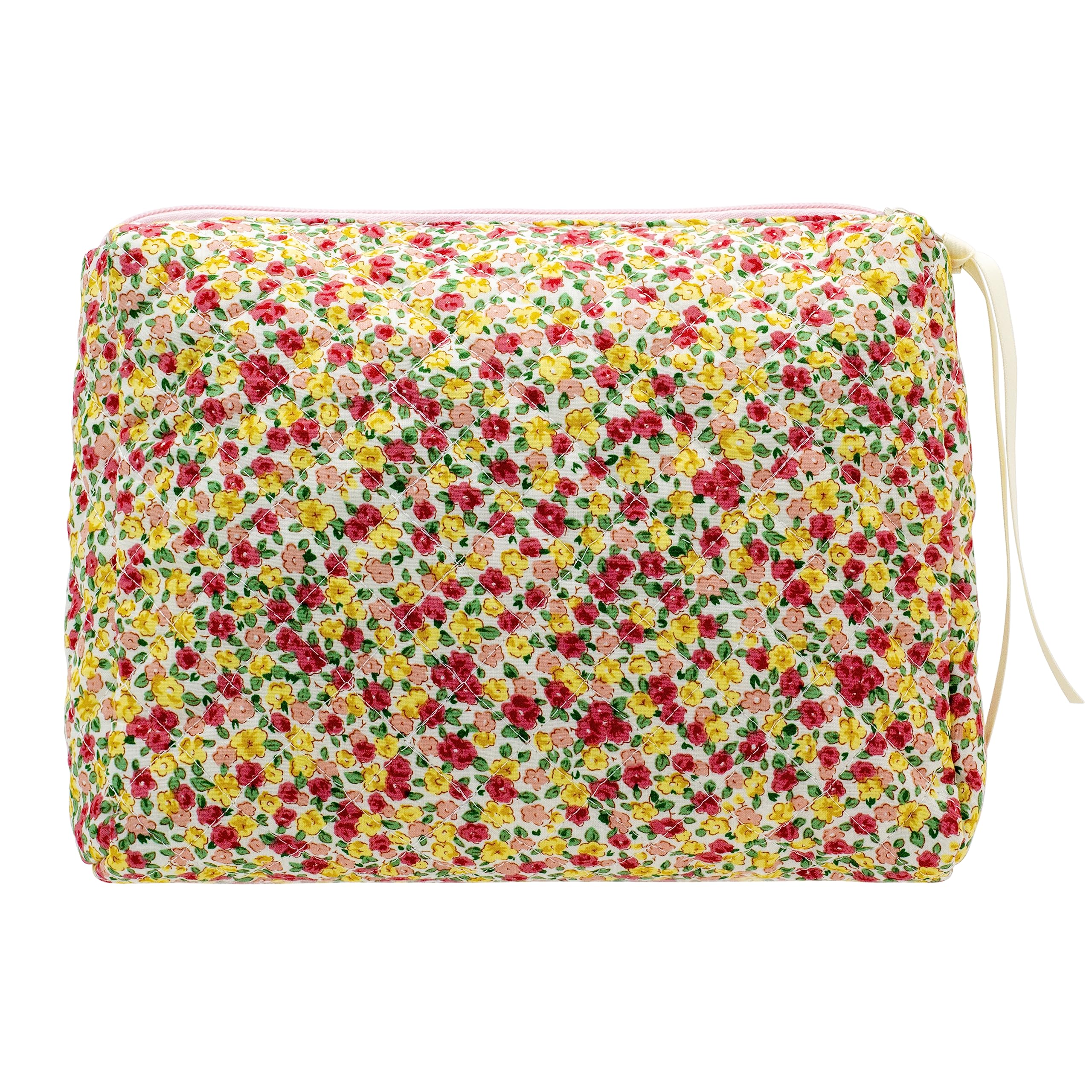 PAZIMIIK Quilted Makeup Bag Large Travel Zipper Soft Cosmetic Pouch for Women Girls Make Up,Little Flower