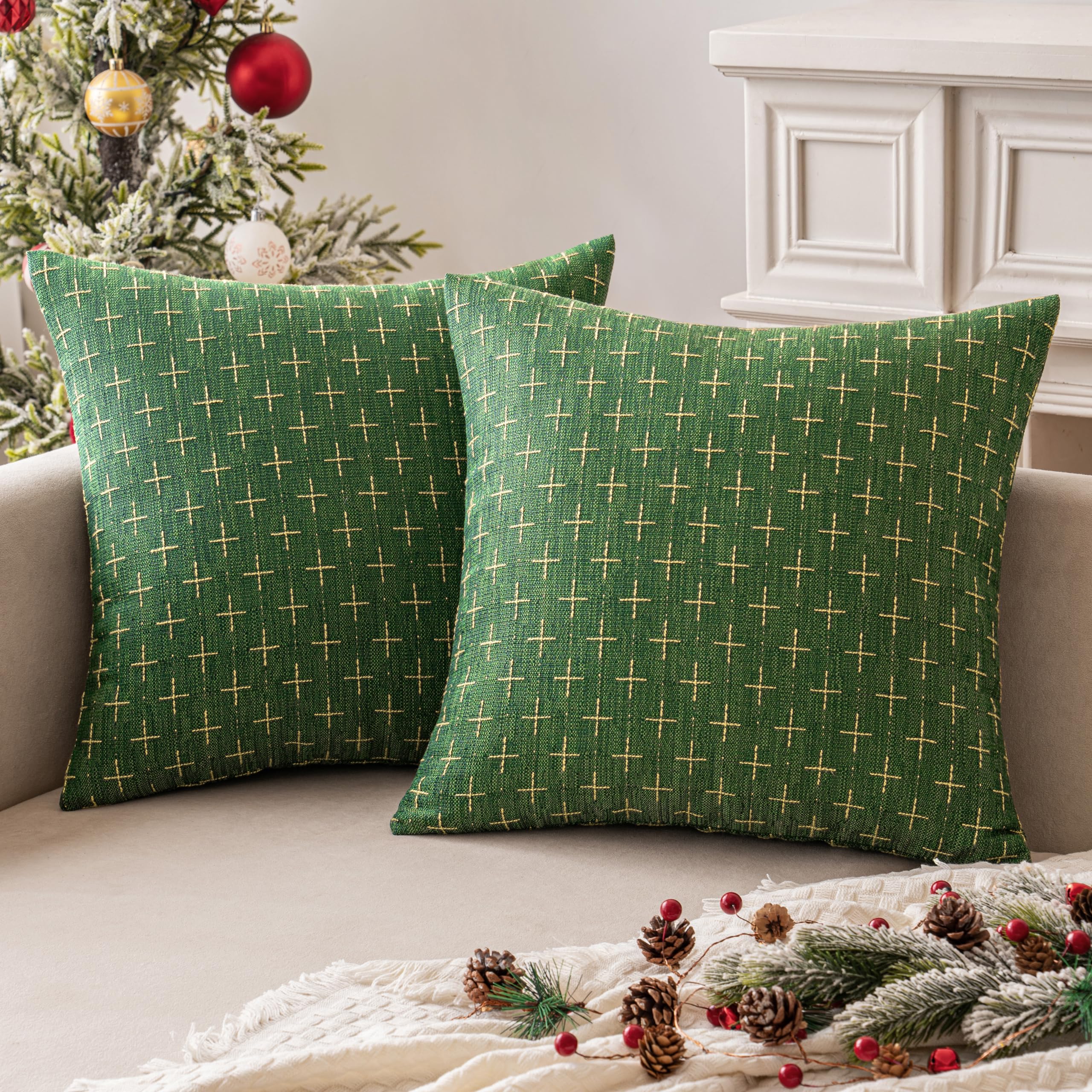 MIULEE Pack of 2 Christmas Decorative Burlap Linen Throw Pillow Covers Modern Farmhouse Pillowcase Rustic Woven Textured Cushion Cover for Sofa Couch Bed 20x20 Inch Army Green