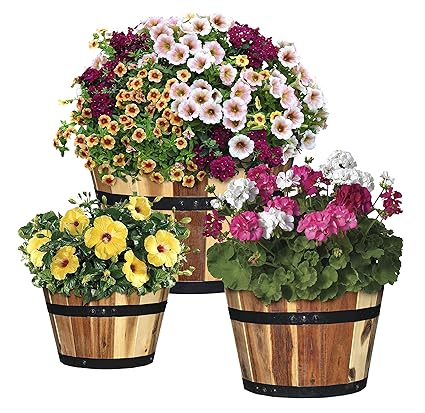 Classic Home and Garden 5/800/3 Wood Barrel Set of 3 Planters, 1 Pack, Acacia