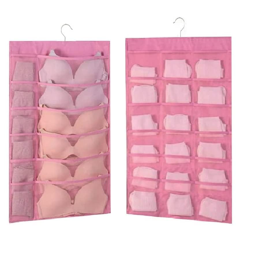 FAB ELLITE Double Sided Hanging Organizer with 30 Clear Pockets | Wall Hanging Closet Storage for Socks Bra Underwear & Accessories Shelves Storage (Double-Sided Hanging Organizer, Pink)