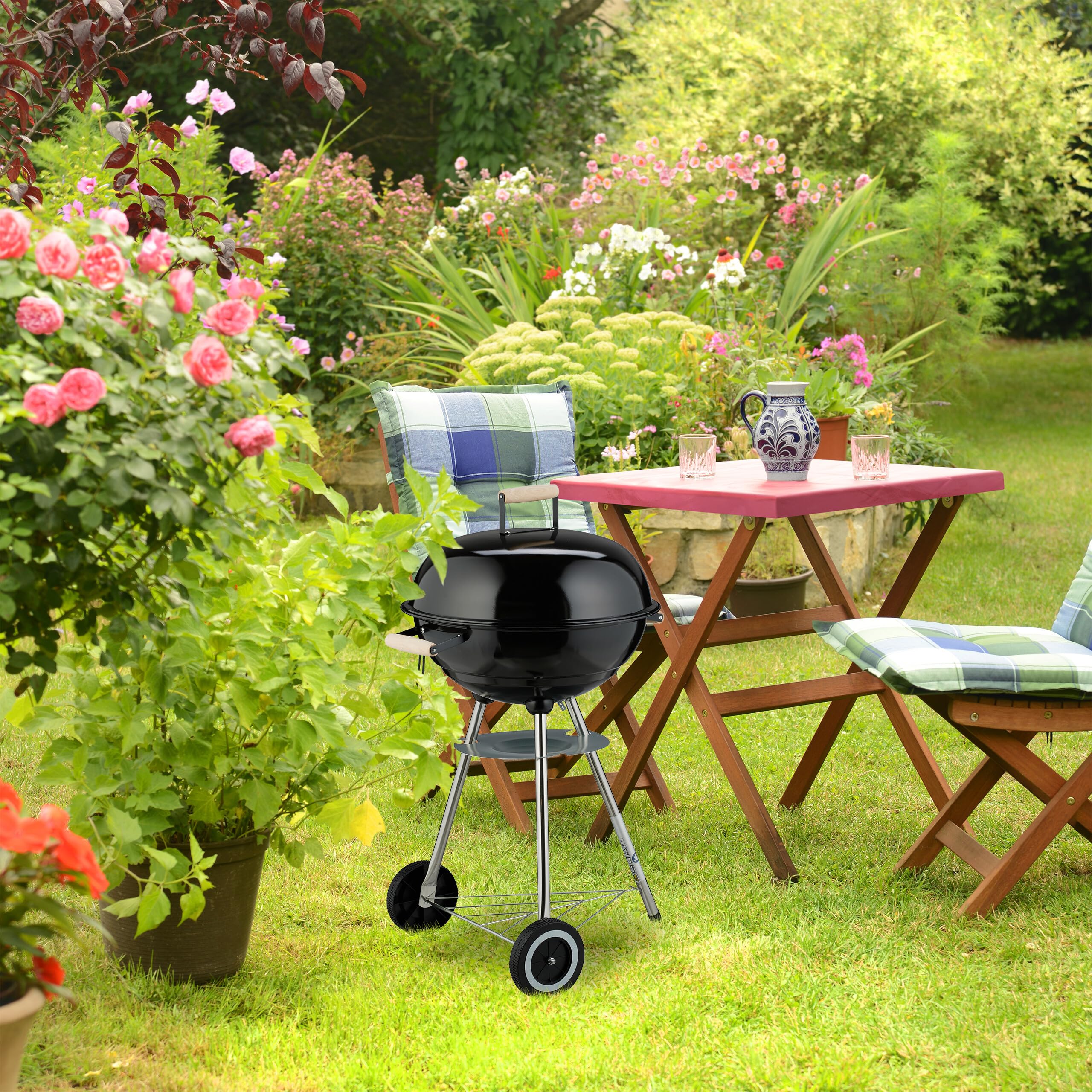 Relaxdays Grill a Carbonella Rotondo Ø 44 cm z Coperchio, 2 Koła, Czarny