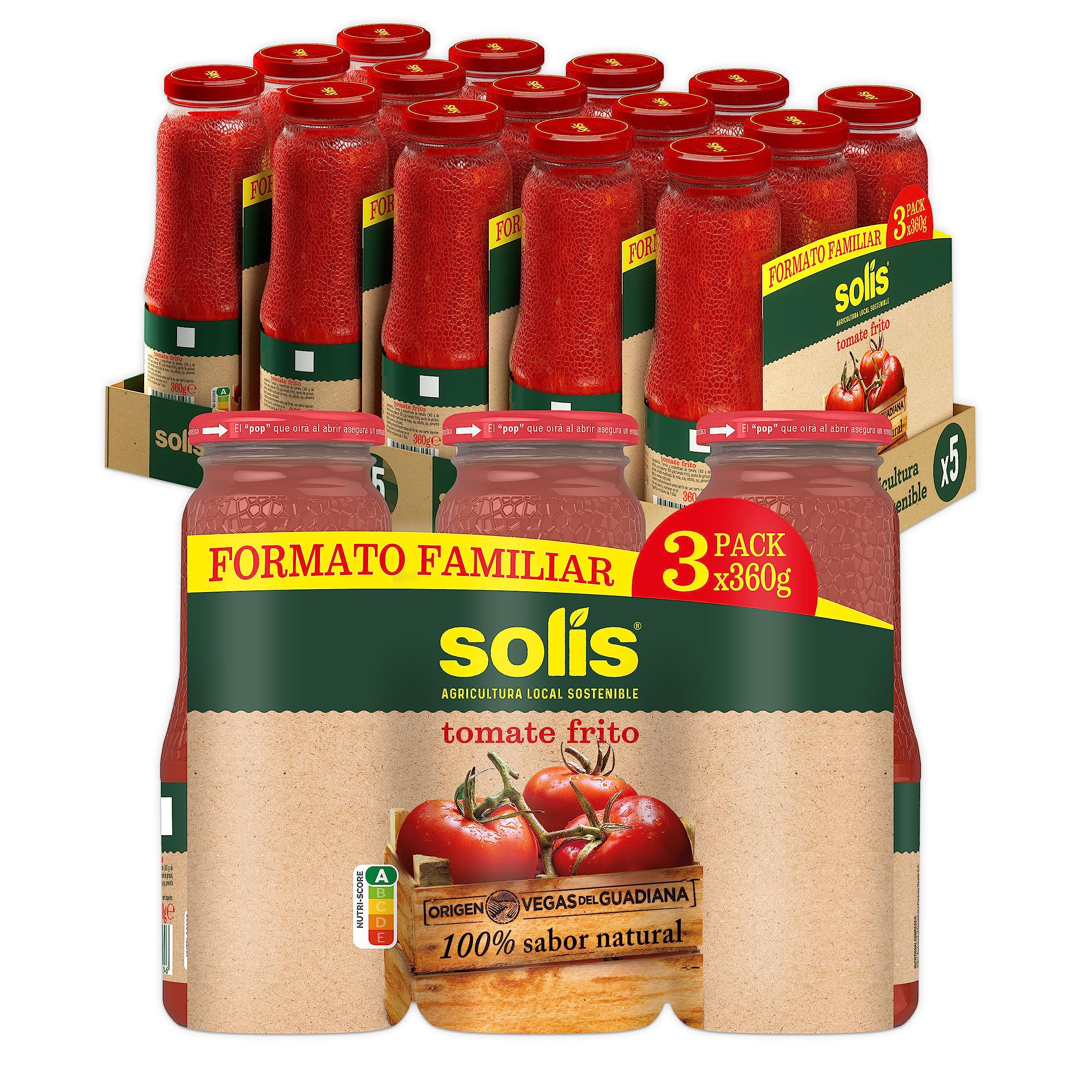 SOLÍS Tomate Frito Clásico Frasco Cristal Tripack - Pack de 5 x 3 frascos de 360g - Tomate sin gluten