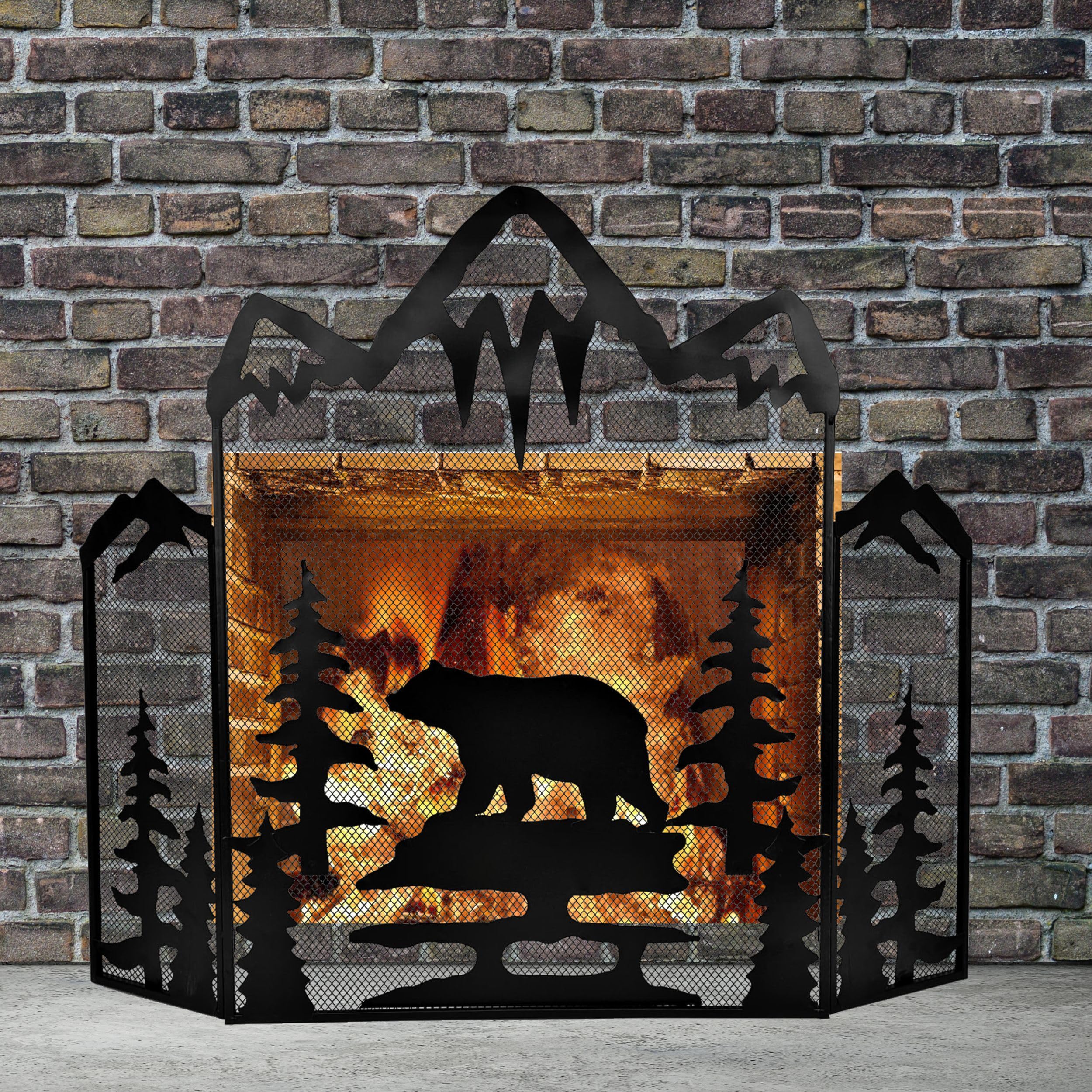 Rustic Bear Cutout Fireplace Screen - 3-Panel Foldable Metal Screen With Mountain Scenery, Black
