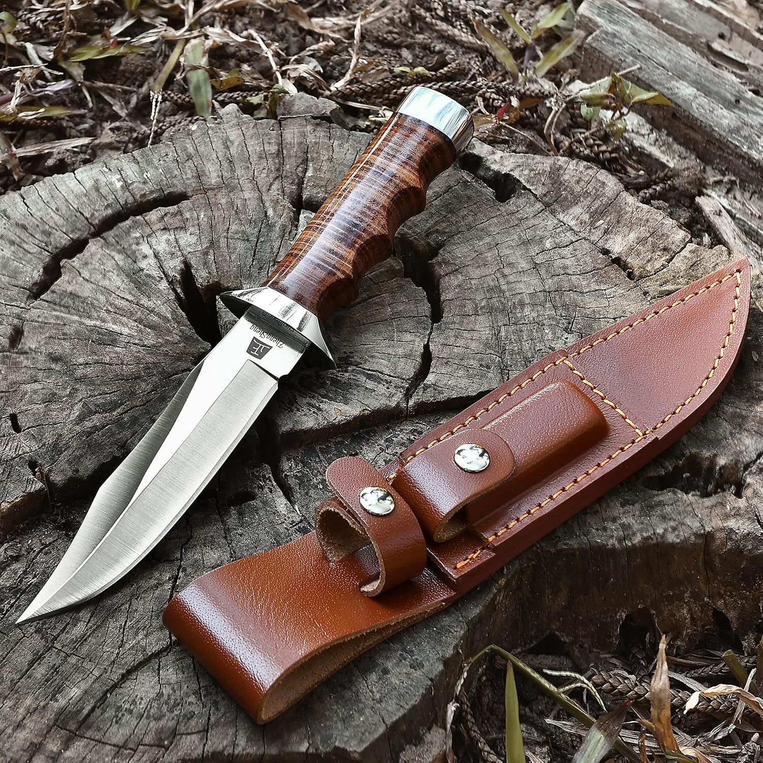 5.8" Fixed Blade Hunting Knife- Genuine Leather Handle Bowie Knives with Sheath Straight Edge for Camping, Hiking, Survival