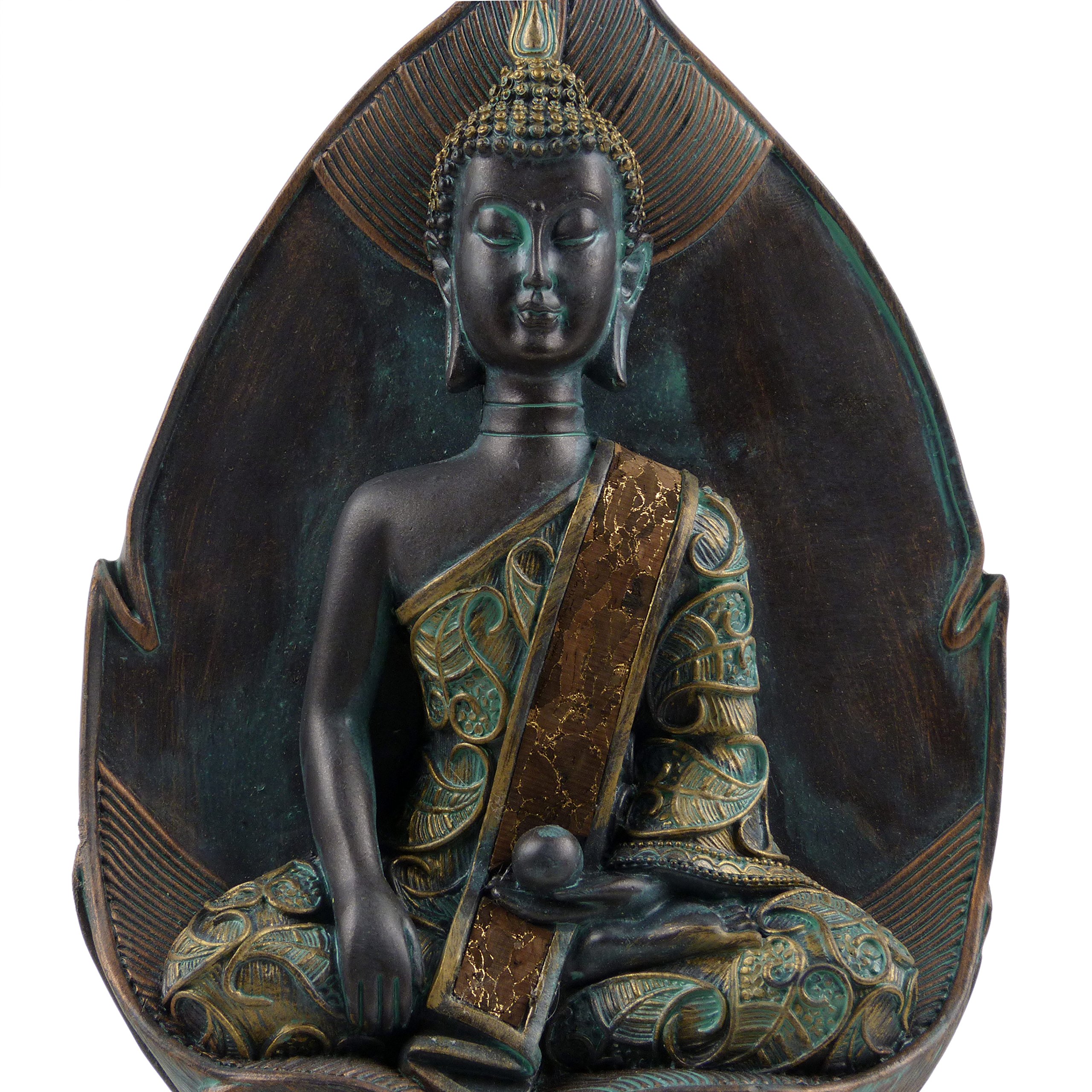 White Doves 26Cm Thai Buddha Verdigris Finish On Stand with Leaf Background Home Decor