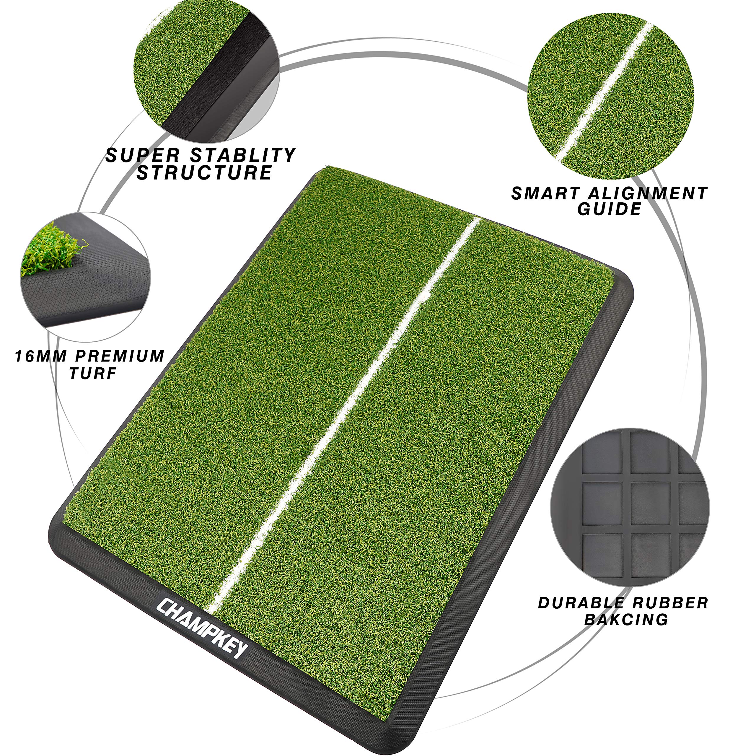 CHAMPKEY Premium Heavy-Duty Rubber Backing Golf Hitting Mat - Professional Alignment Practice Golf Mat Come with 1 Rubber Tee Holder and 9 Plastic Tees (16