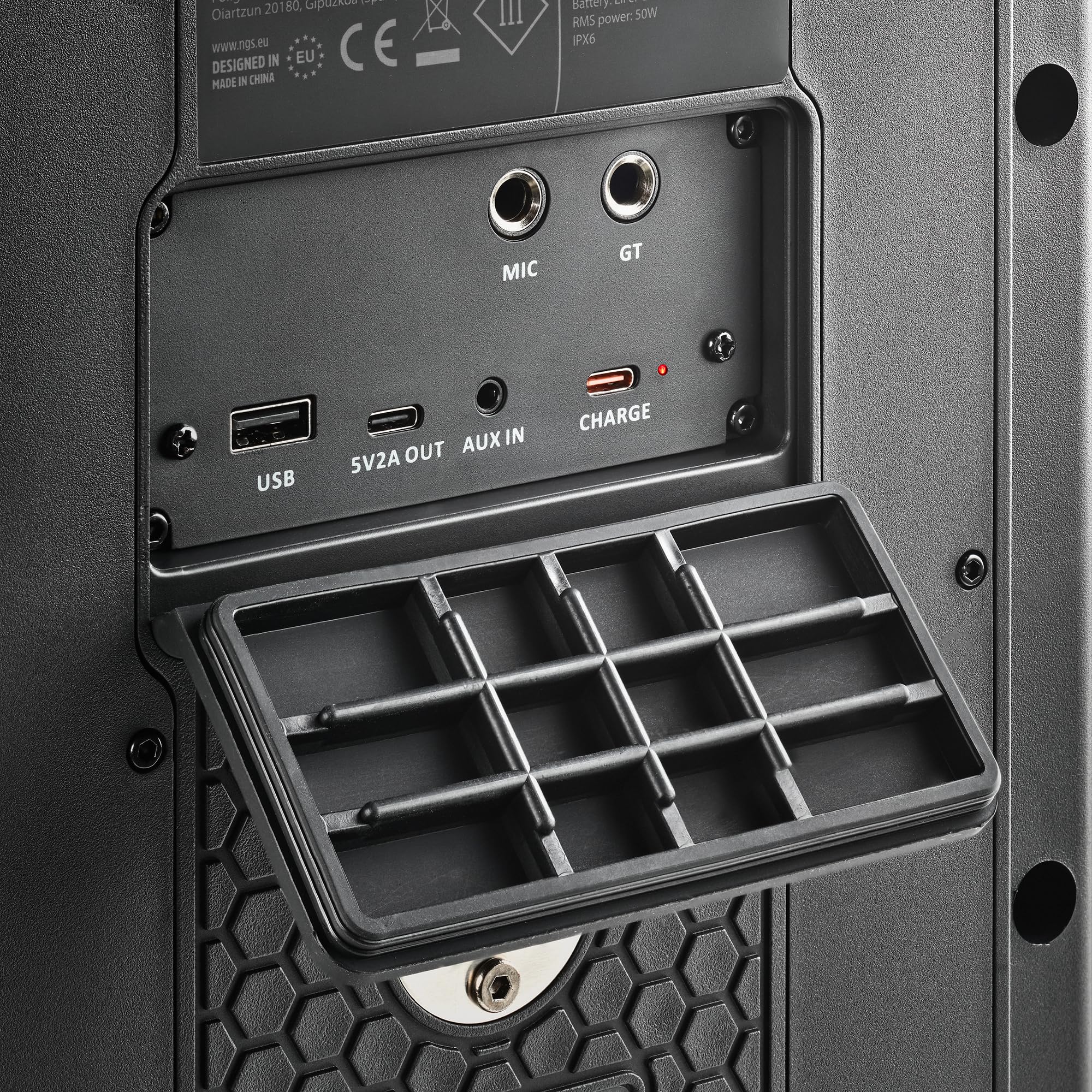 NGS Wild Bash - Enceinte Bluetooth 5.4 Portable 50 W RMS avec lumières LED RVB, Batterie Rechargeable Amovible, étanche IPX6, karaoké et Fonction Diffusion