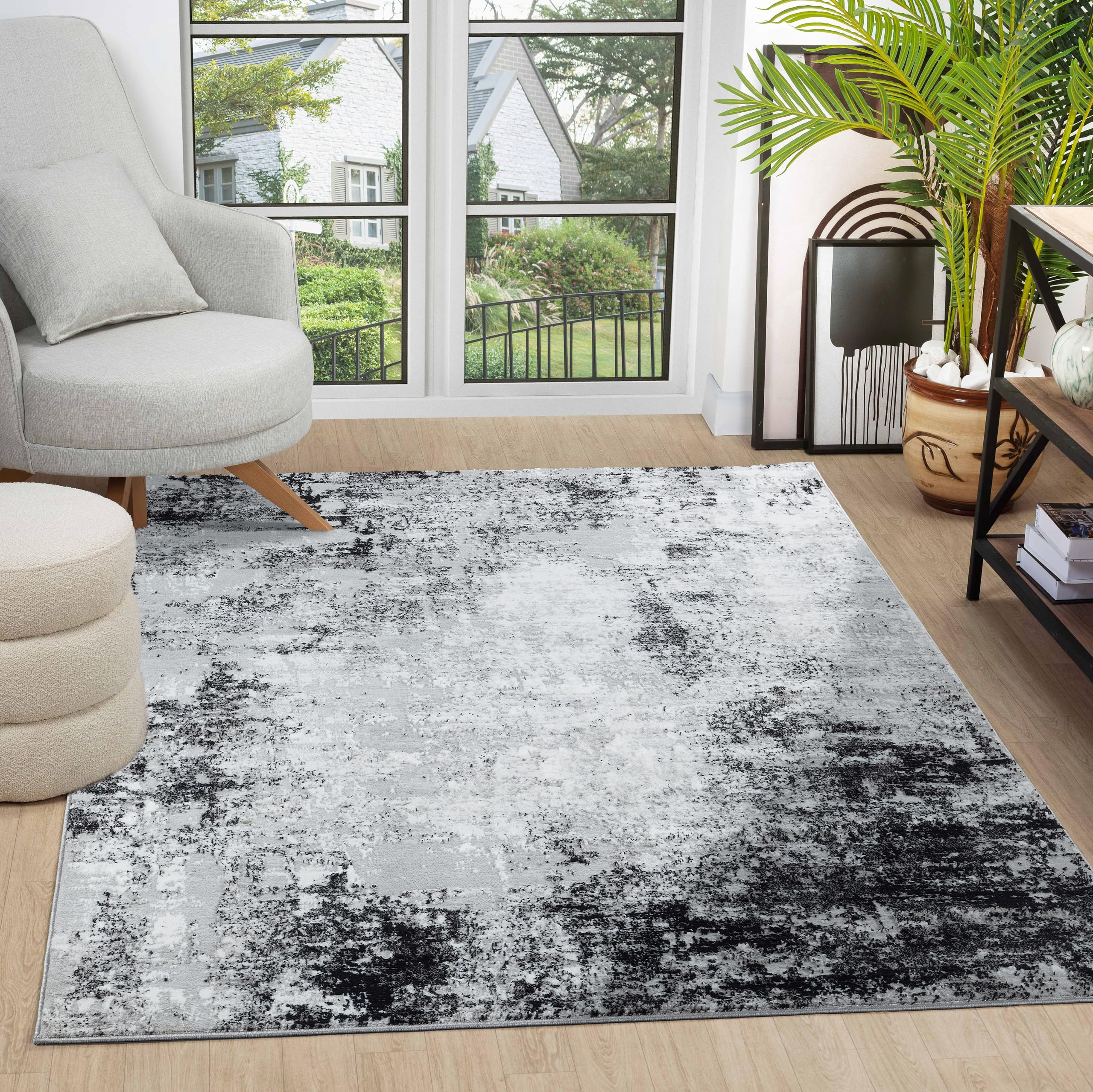 GLORY RUGSModern Abstract Area Rug 8x10 Black Gray Faded Large Rugs Living Room Bedroom Home and Office