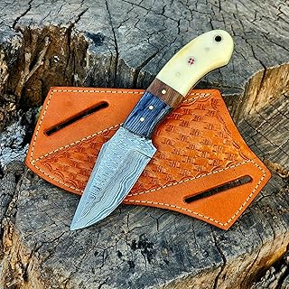 Handmade Damascus Steel Hunting knife Fixed Blade knife, Bone & Rose Wood Handle Bull Cutter Knife, EDC Utility knife Cowboy Knife Damascus Steel Knife Bushcraft knife Skinning Knife with leather Sheath (Black Wood Bone) - Wolf Cut