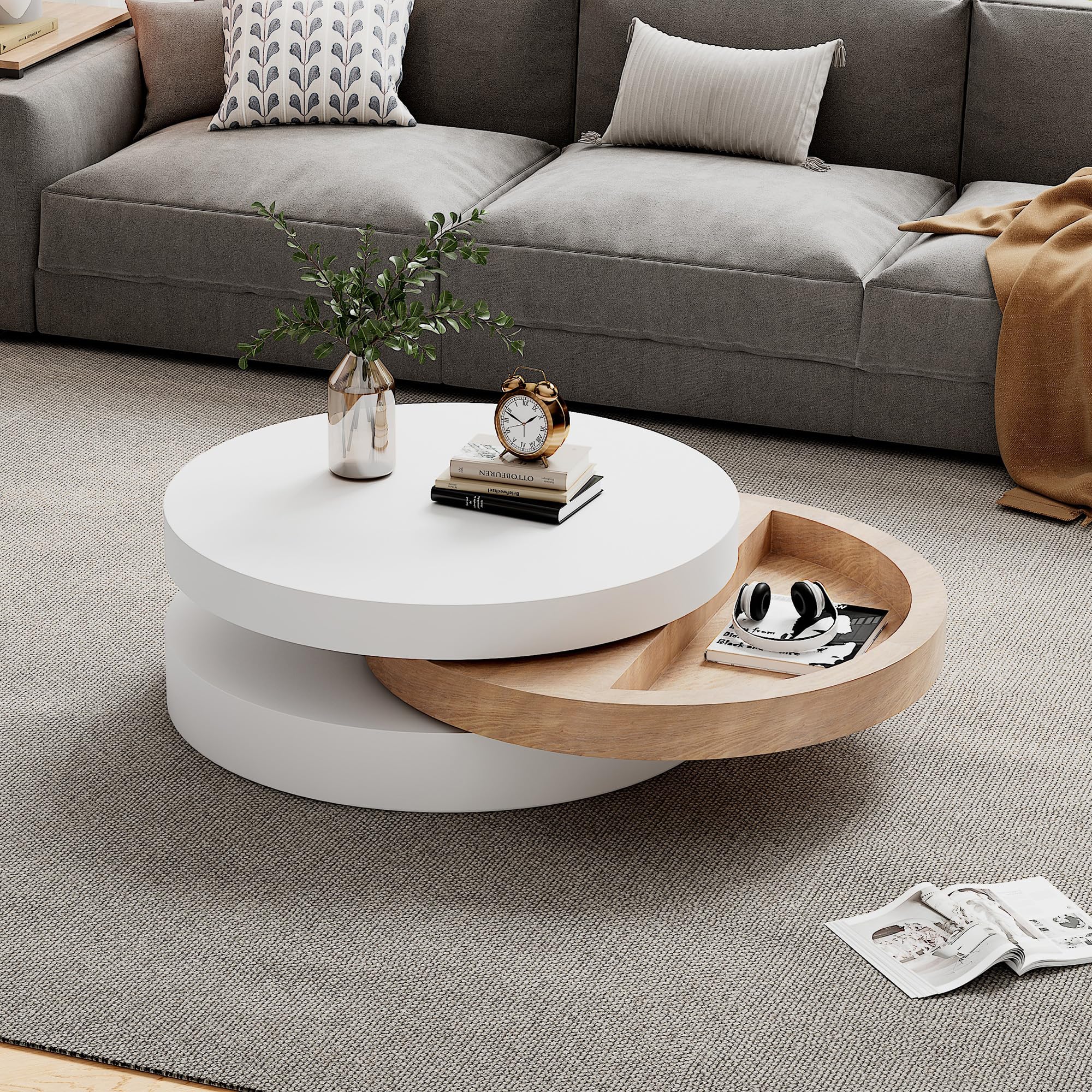 SUKY Mesa de centro cilíndrica, mesa superior giratoria 360°, mesa de salón, mesa de sofá de tres niveles, 3 estantes, capacidad de carga 30 kg, madera de sauce con espacio de almacenamiento, color