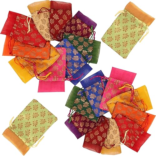 Miniatura 10 de Touchstone Preciosas bolsas de regalo reutilizables, respetuosas con el medio ambiente, con cordón grande, patrón de hojas de mimosa, brocado para