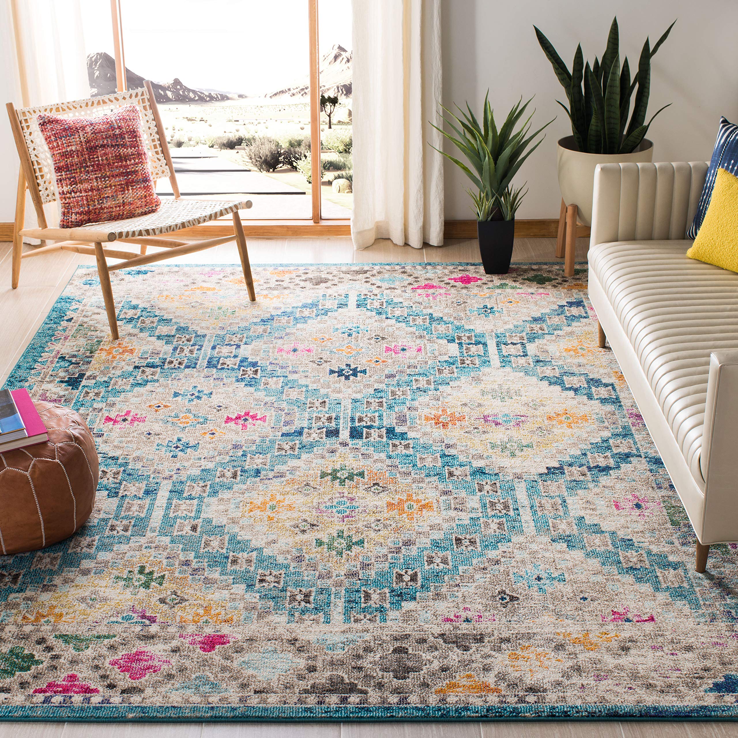 SAFAVIEH Madison Collection Area Rug - 9' x 12', Dark Blue & Yellow, Boho Diamond Distressed Design, Non-Shedding & Easy Care, Ideal for High Traffic