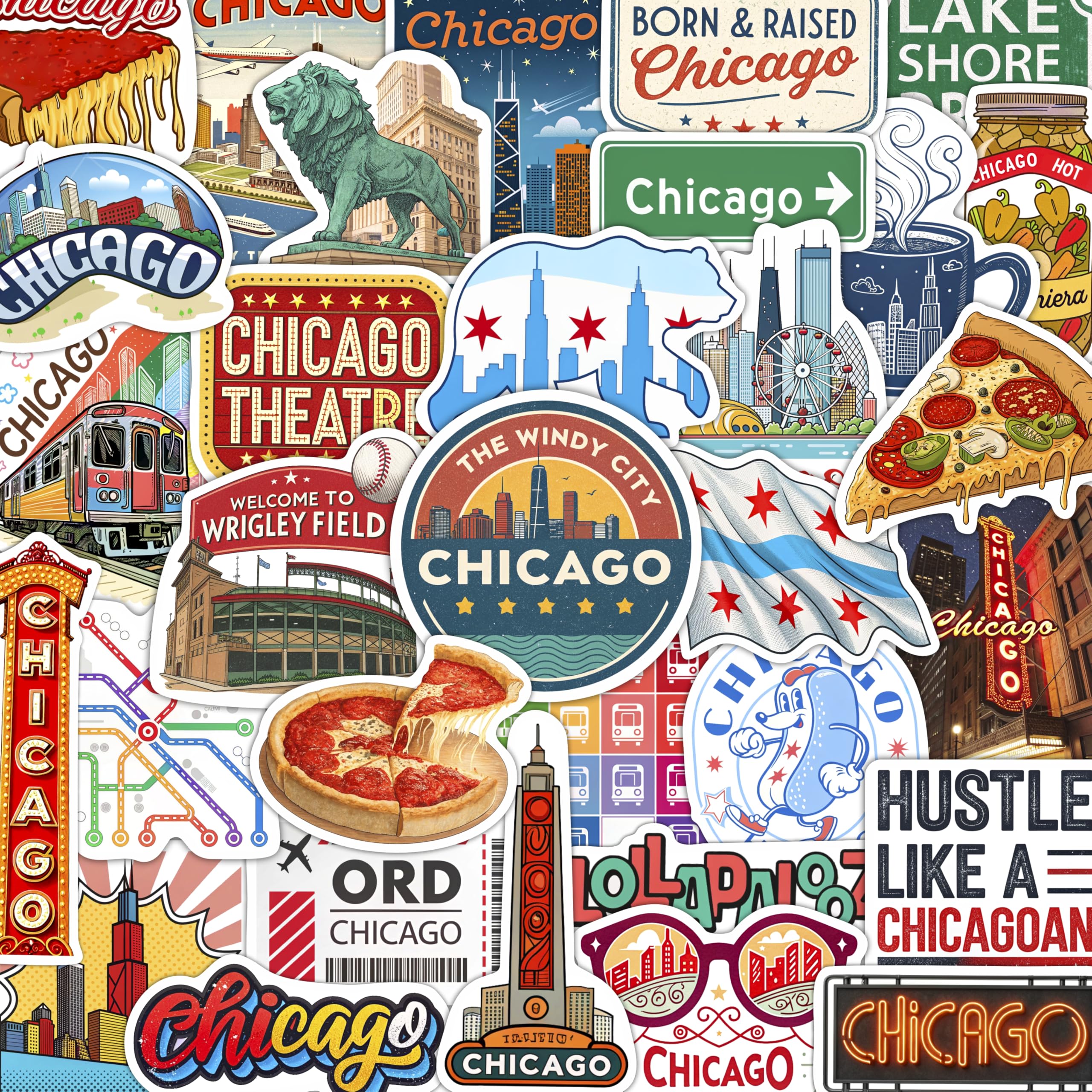 100Pcs Chicago Stickers and Decals for Luggage, Water Bottle - Chicago Gifts, Party Supplies - Travel USA Cities Stickers - Gift for Women & Men
