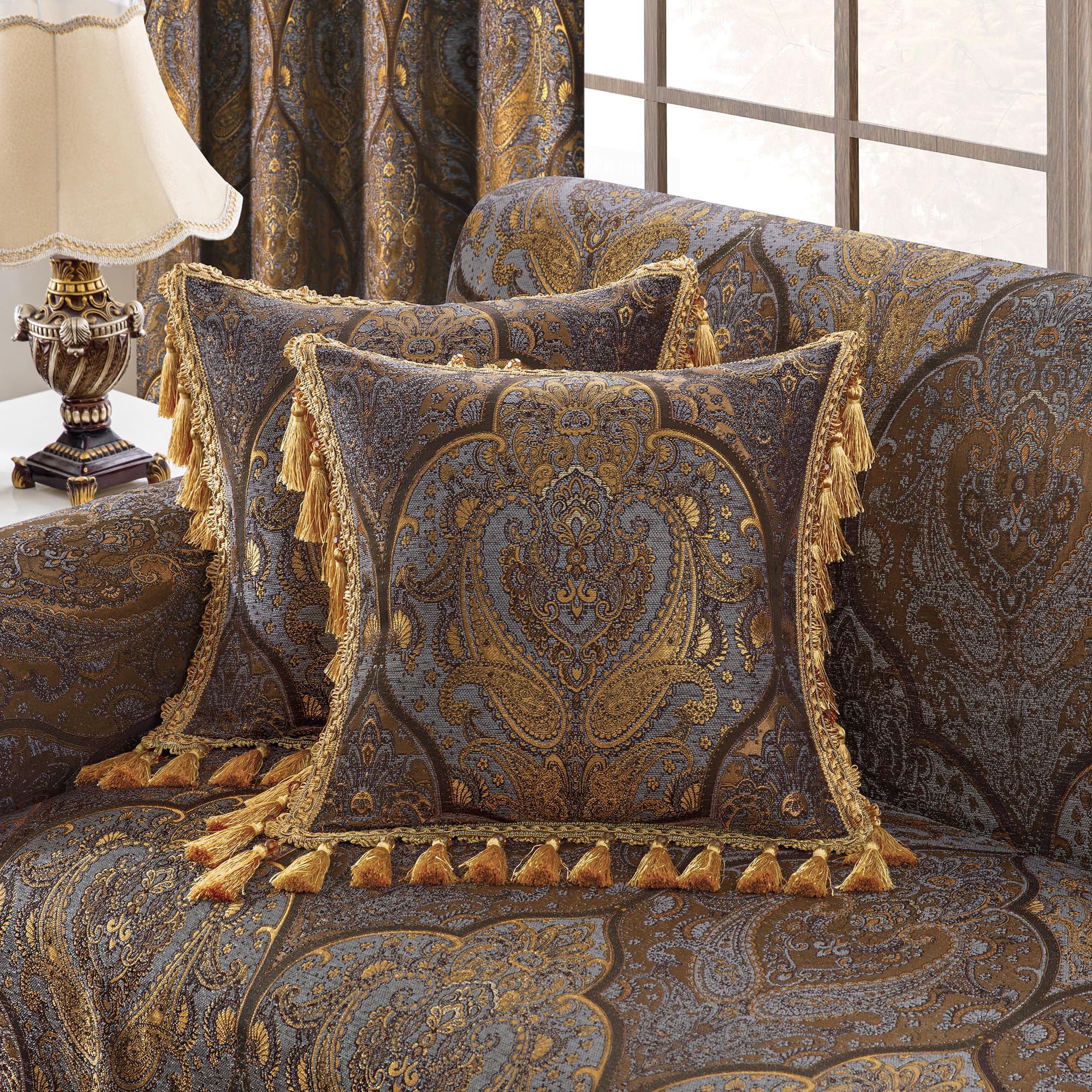 Loom and Mill 1 x luxuriöser Zierkissenbezug mit Quasten, Jacquard-Damast-Kissenbezüge für Wohnzimmer, Schlafzimmer, Sofa, Couch, Stuhl, 50,8 x 50,8 cm, Bronze-Gold