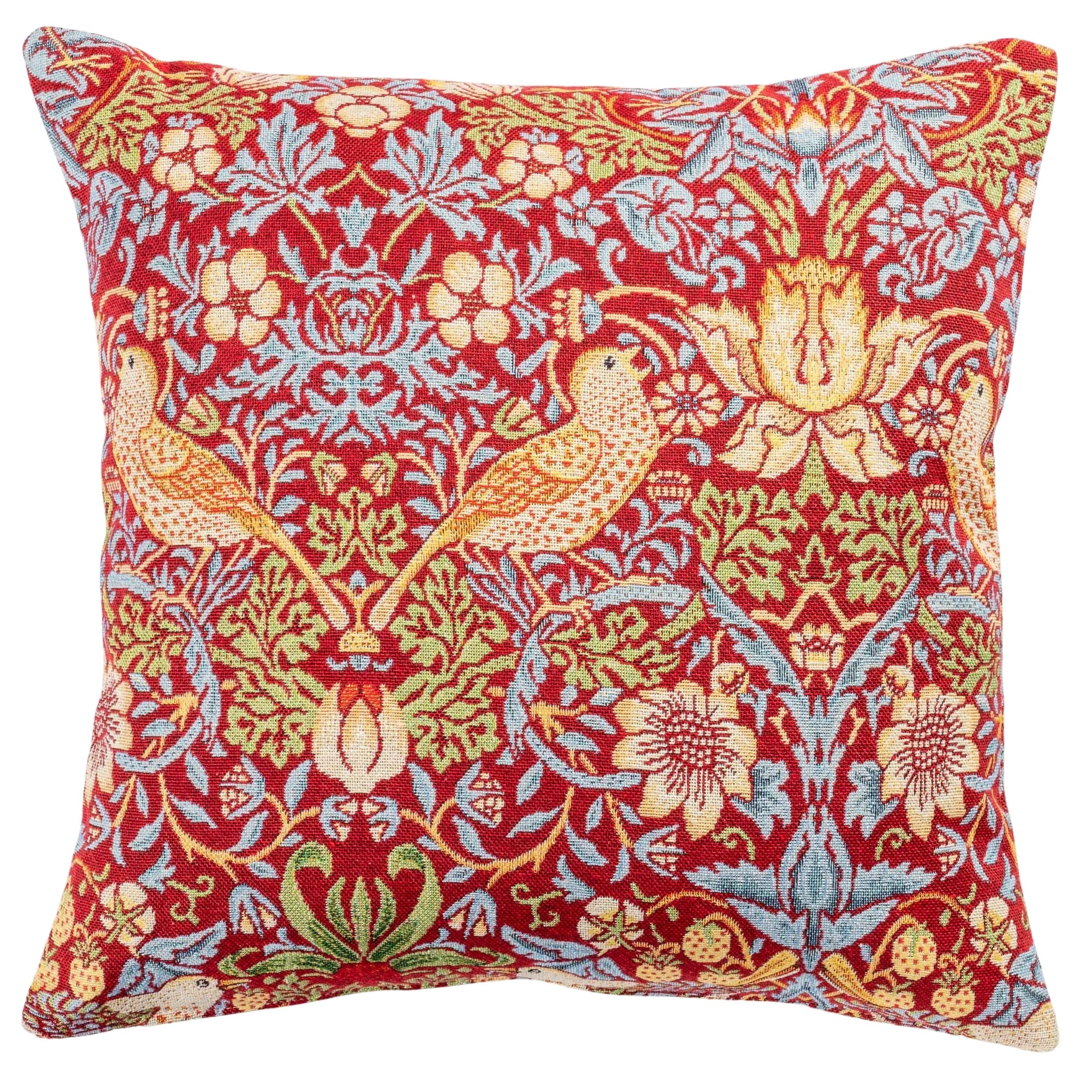 Linen Loft Red William Morris Strawberry Thief Tapestry Cushion Cover In Vintage Arts And Crafts Style With Birds, Berries And Leaves. 17X17 Square Cover Only