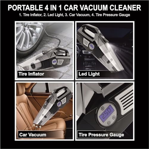 Image of 4 in1 Wireless Car Vacuum Cleaner with Tyre Inflator High Power 7000PA Handheld Car Vacuum LED Light, for Wet /Dry Use, Black (‎TWOWAY PRO)