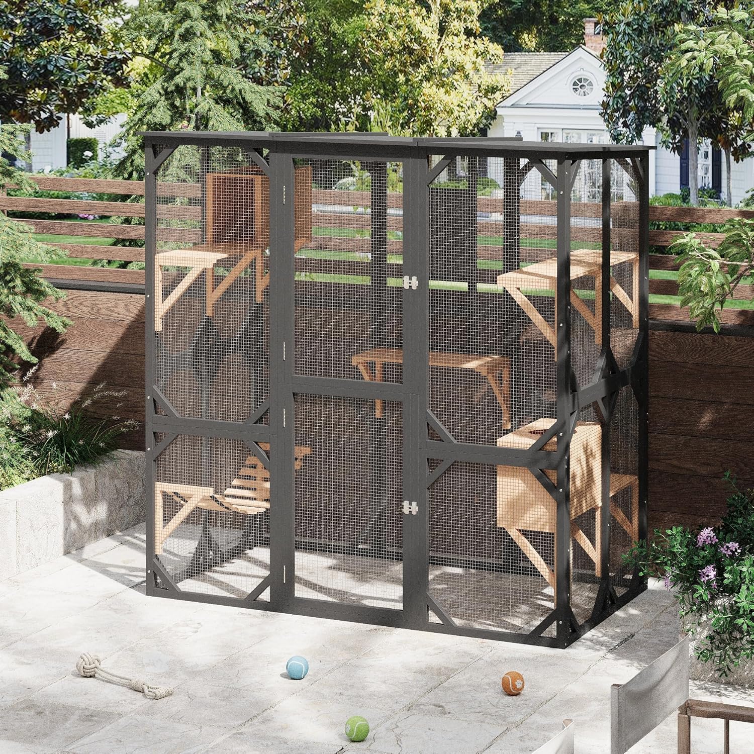 Large 70" Outdoor Catio Enclosure with Window Access Door & Asphalt Roof, Walk-in Cat Cage with 4 Platforms, 2 Sleeping Houses for Multiple Cats, Compatible with Cat Tunnel