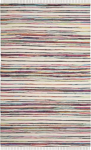 Miniatura 2 de SAFAVIEH Rag Rug Collection - Alfombra de área de 5 x 8 pies, color marfil y multicolor, hecha a mano, de algodón a rayas, ideal para zonas de alto