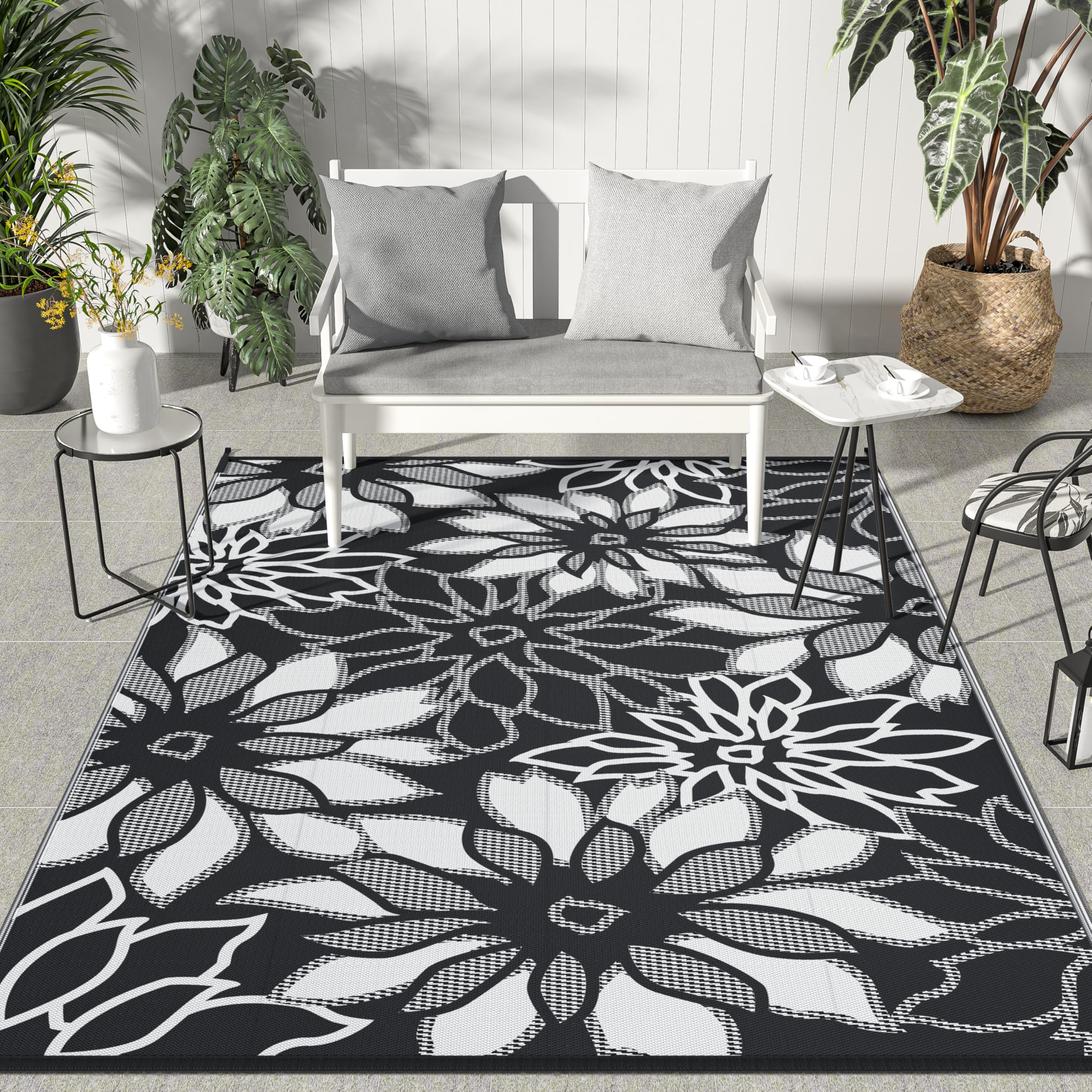GENIMO Outdoor Rug Waterproof for Patios Clearance, 5' x 8' Reversible Plastic Straw Floral Camping Carpet, Large Area Rugs Mats for RV, Camper, Deck, Balcony, Porch, Beach, Picnic, Black & White