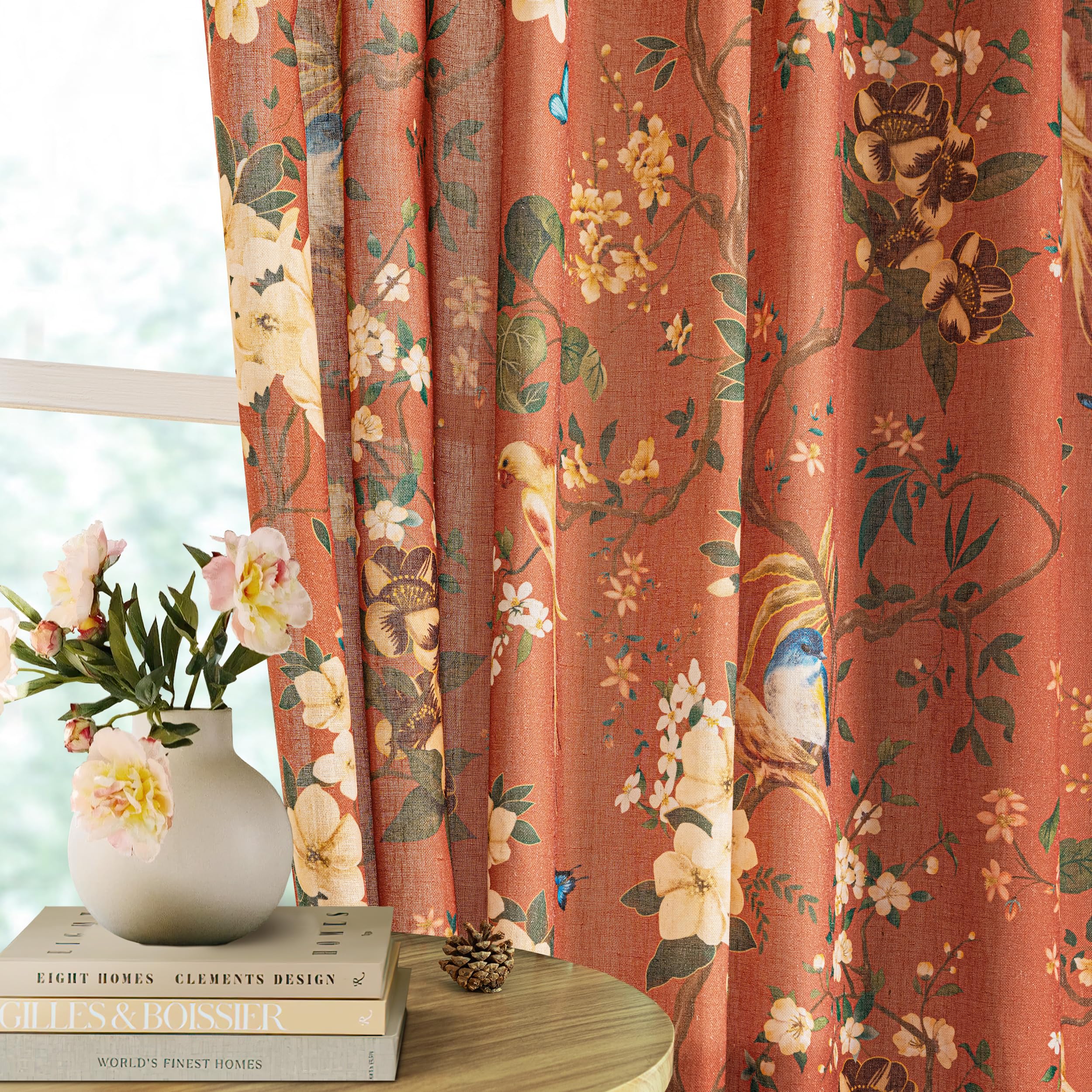 Terracotta Linen Floral Bird Curtains Boho Semi Sheer 2 Panels 108 Inch | Extra Long,Back Tab,Botanical,Leaf Flower Patterned Drapes,Vintage Rustic,Light Filtering,for Bedroom Dining Living Room