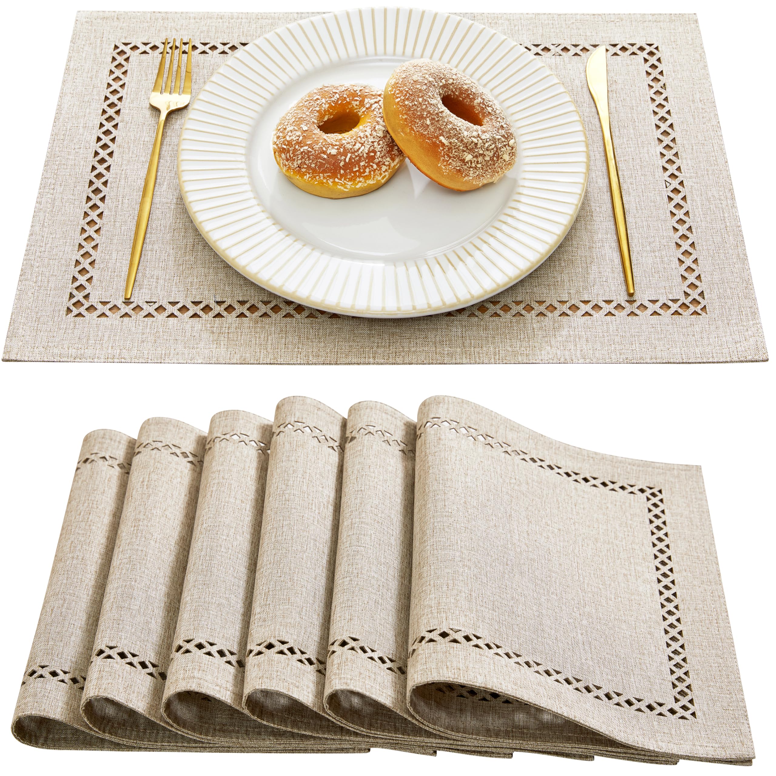 Burlap Placemats Set of 6, 12 x 18 Inch Rustic Geometric Hollow Place Mats, Heat Resistant Placemats for Farmhouse Kitchen Table Decor, Coffee 6PCS