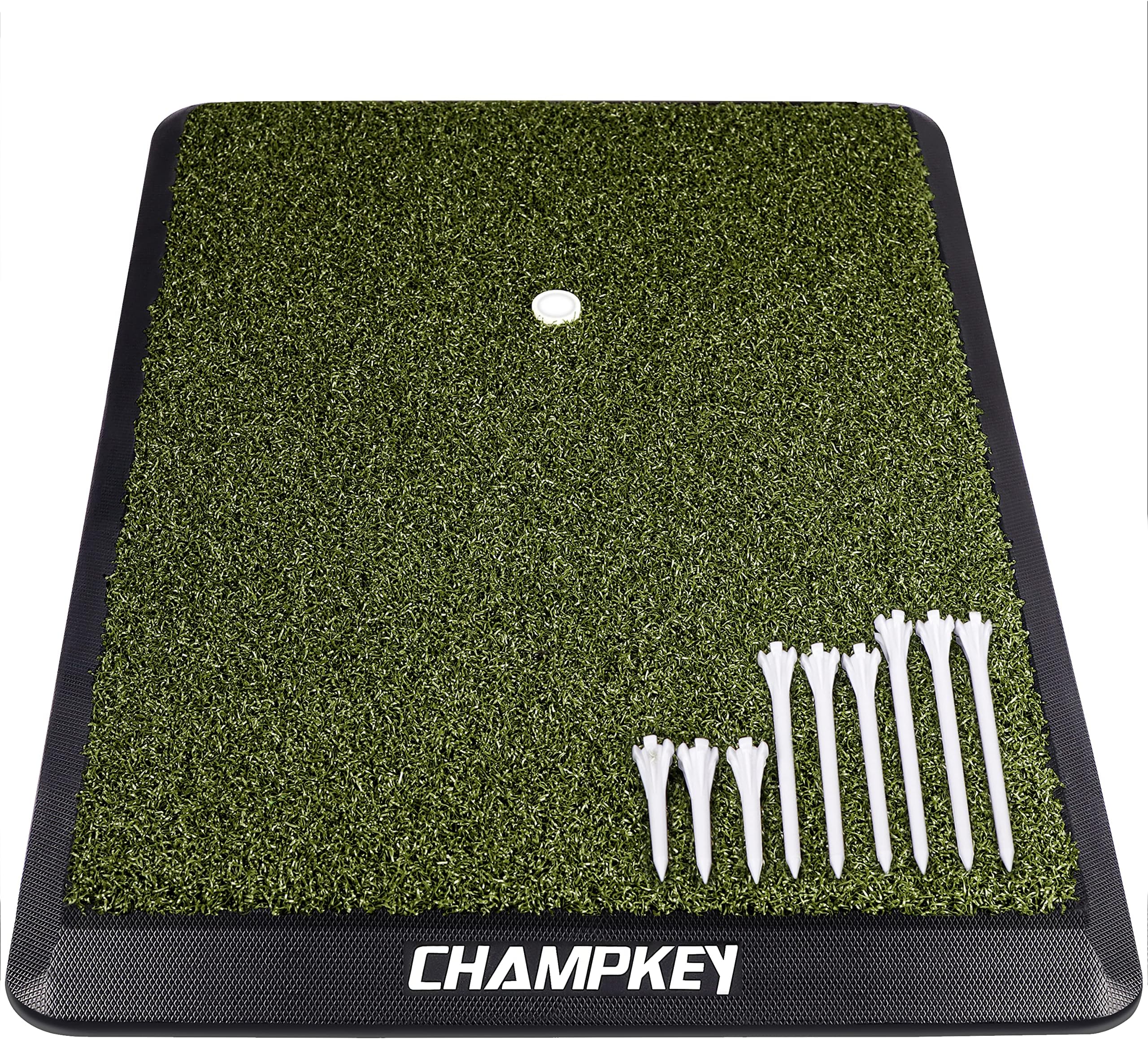 CHAMPKEY Premium Synthetic Turf Golf Hitting Mat | Heavy Duty Rubber Base Golf Practice Mat | Come with 1 Rubber Tee and 9 Plastic Tees (M(13" x 17"), PRO Version)