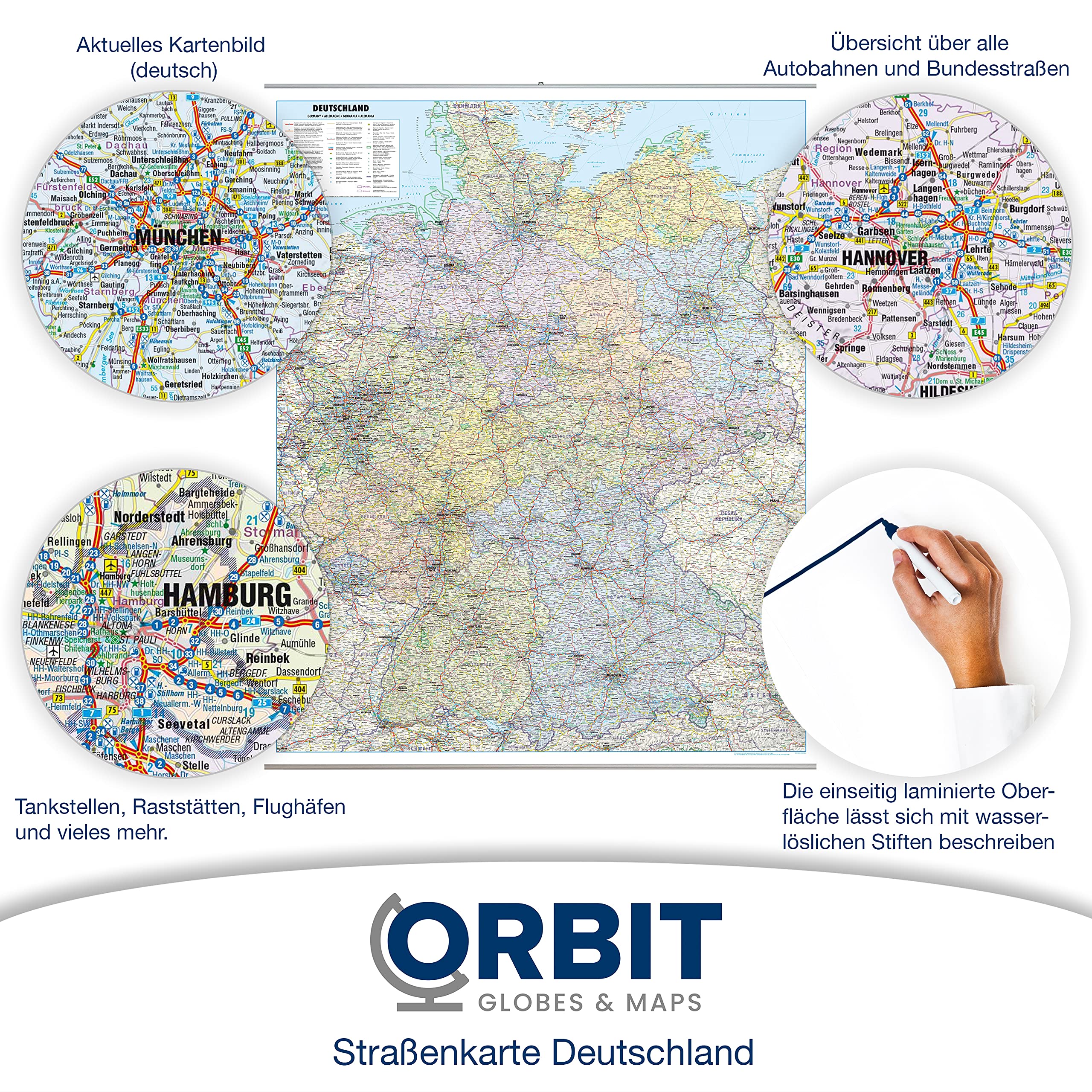 ORBIT Globes & Maps - Straßenkarte Deutschland, Deutschlandkarte als Poster, Karte von Deutschland ca. 98x138cm: mit Leisten, Maßstab 1:700 000