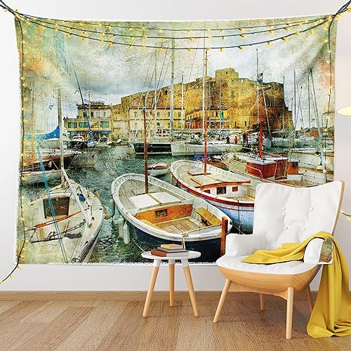 Miniatura 9 de Ambesonne Tapiz marino, Nápoles, botes pequeños en la histórica costa italiana, patrimonio del castillo, arte náutico, colgante de pared ancho para