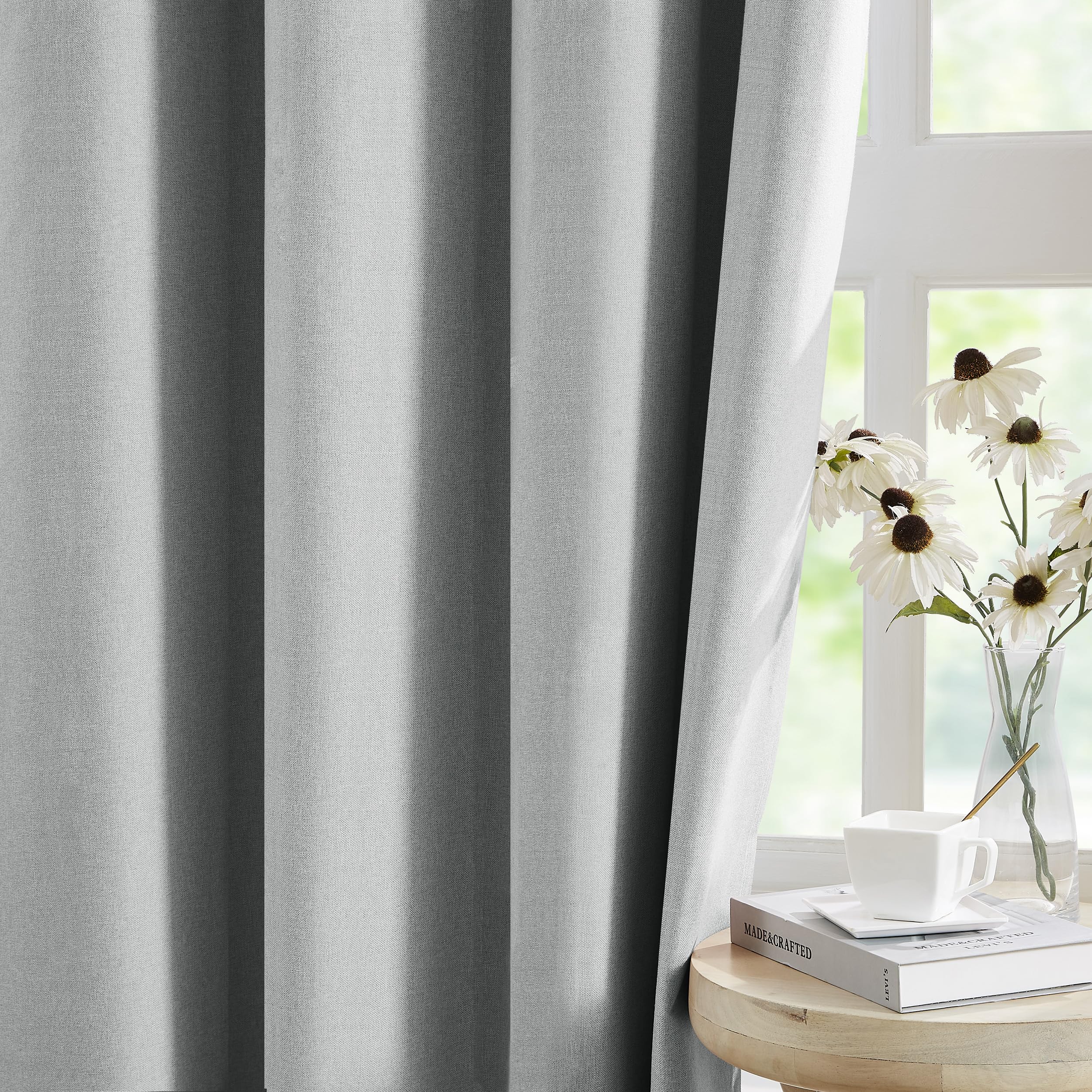 Light Grey Linen Full Blackout Curtains 72 Inches Long Burlap Linen Textured Window Treatments for Bedroom Grey Blackout Drapes Thermal Insulated Winter Curtains for Living Room Nursery 52"x72"x2