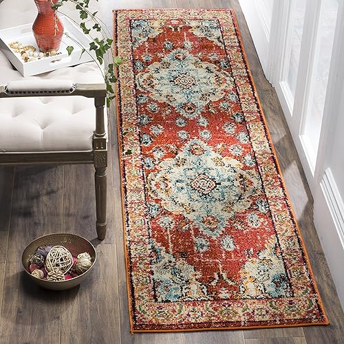 Miniatura 129 de Safavieh Tapete de área grande, colección Monaco, 11 pies x 15 pies, azul marino y celeste, diseño desgastado de medallón, no desprende pelusa