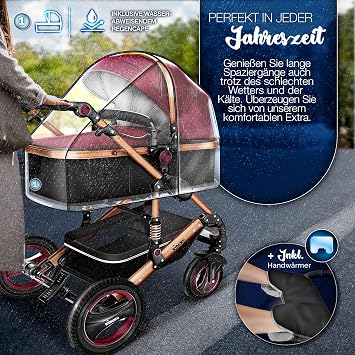 KIDUKU ® 3 in 1 stroller XXL complete set combi stroller set incl. Baby tub buggy sports seat & car baby seat footmuff Whole rubber tires diaper hand warmer rain protection children's table ECE R129