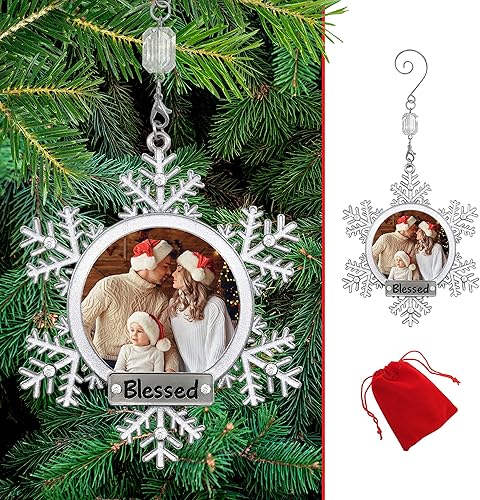 Miniatura 5 de Adorno fotográfico de Navidad  Copo de nieve blanco brillante con detalles de diamantes de imitación transparentes y grabado en la parte inferior