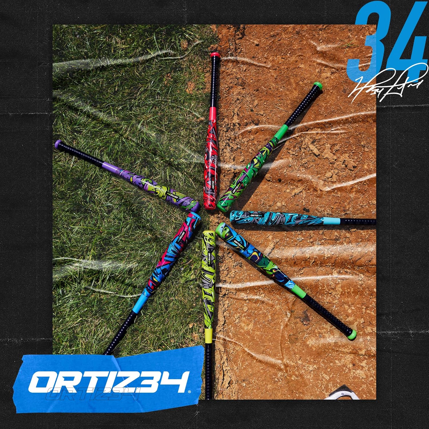 Ortiz34 Bat & Ball Set - Graffiti Plastic Bat & Ball Homerun Set- David Ortiz Backyard Baseball Set for Youth, Kids, Teenagers, Adults (Bat & Ball Set, Blue)