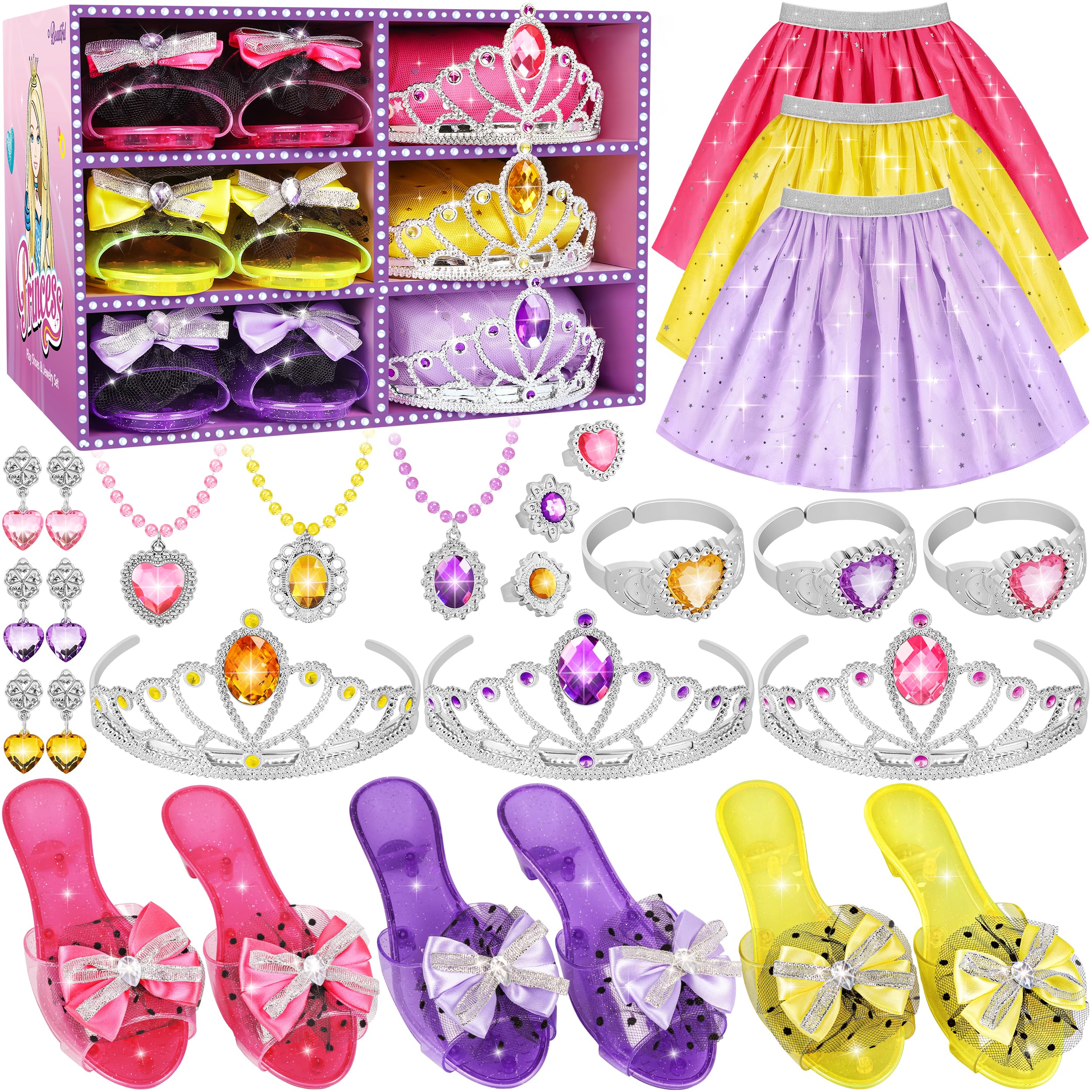 LJZJ Princess Dress Up Toys & Jewelry Boutique - Costumes Set incl Skirts, Shoes, Crowns, Accessories - Ideal Girls Role Play Gift for 3 4 5 6 Year Toddler Birthday Parties Party Favors