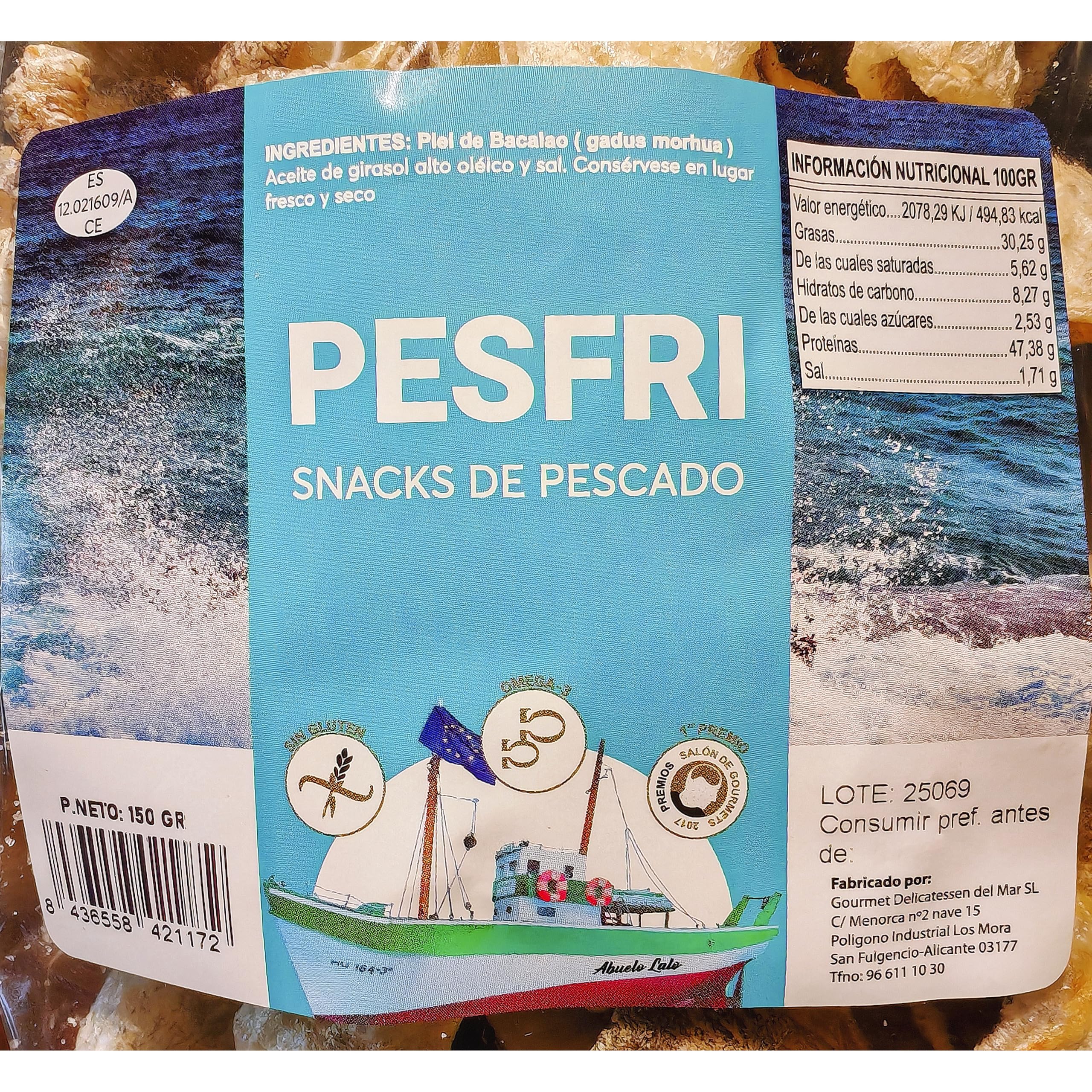 Snack de pescado marca Pesfri. Pack de 4 unidades de 150 gramos