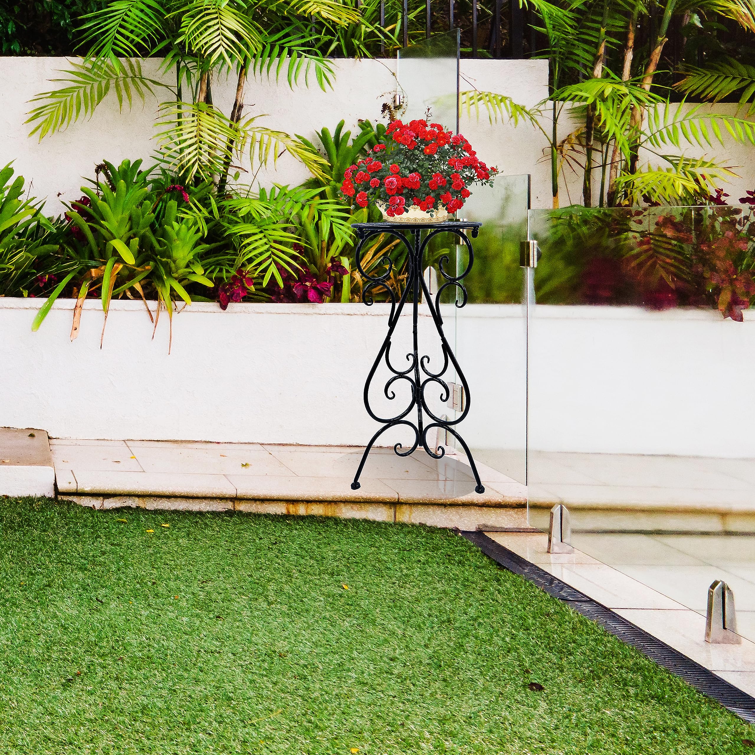 NAKUPE Supporto per piante per interni ed esterni, altezza 57 cm, supporto per vaso da fiori singolo, supporto per fioriera ad angolo, patio, balcone, giardino, portico, fattoria, nero (confezione da