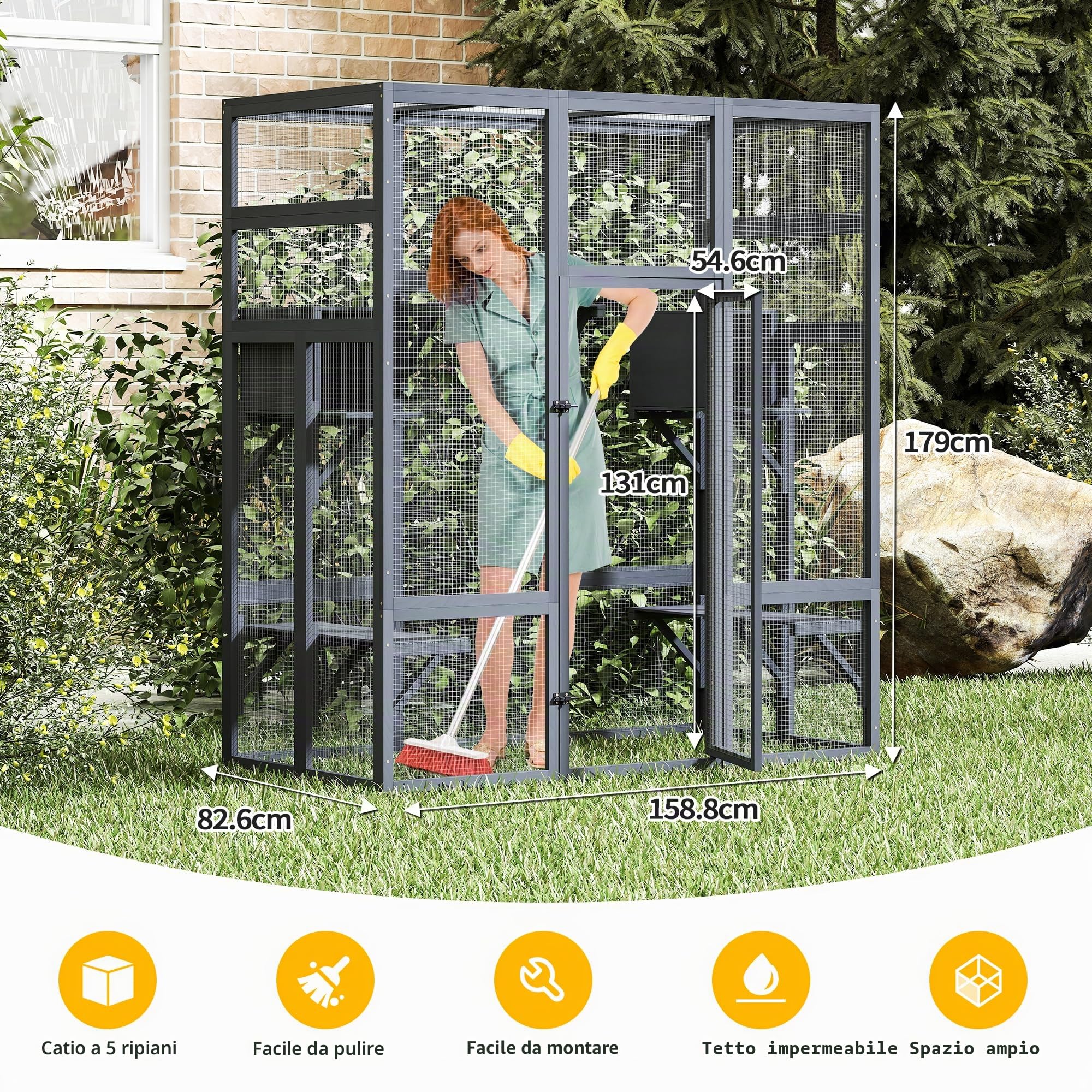 Catio - Recinzione per gatti per esterni, grande recinto per gatti, 159 x 82 x 178 cm, Kitty Haus, casa per gatti con ponti, passeggiate, piccole case, copertura del tetto (grigio scuro)