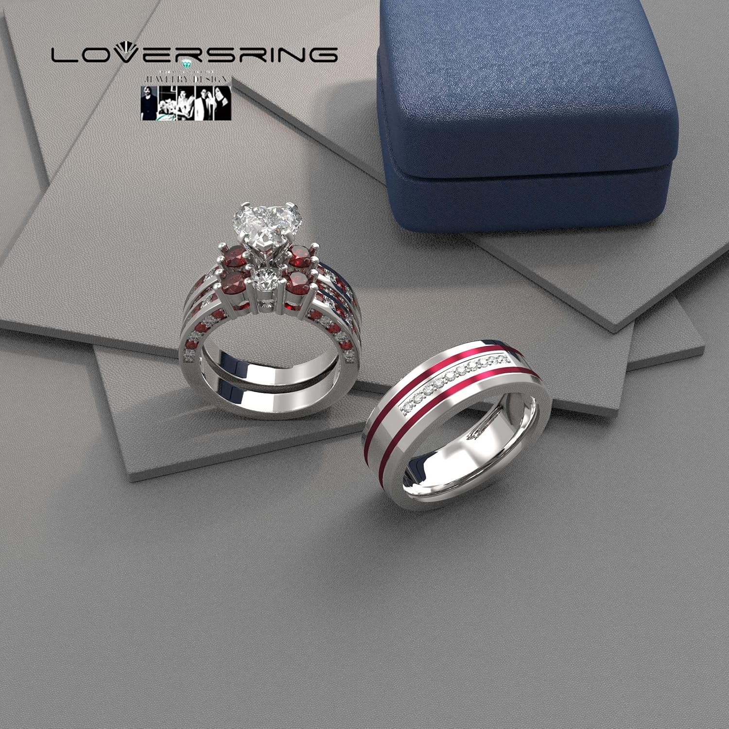 TWO RINGS Wedding Ring Sets His And Hers Promise Ring Couples Bridal Sets Women 925 Sterling Silver Red Heart Moissanite Man Titanium Wedding Bands