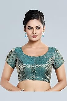 Madhu Fashion Womens Short Sleeves Banaras Brocade Readymade Saree Blouse