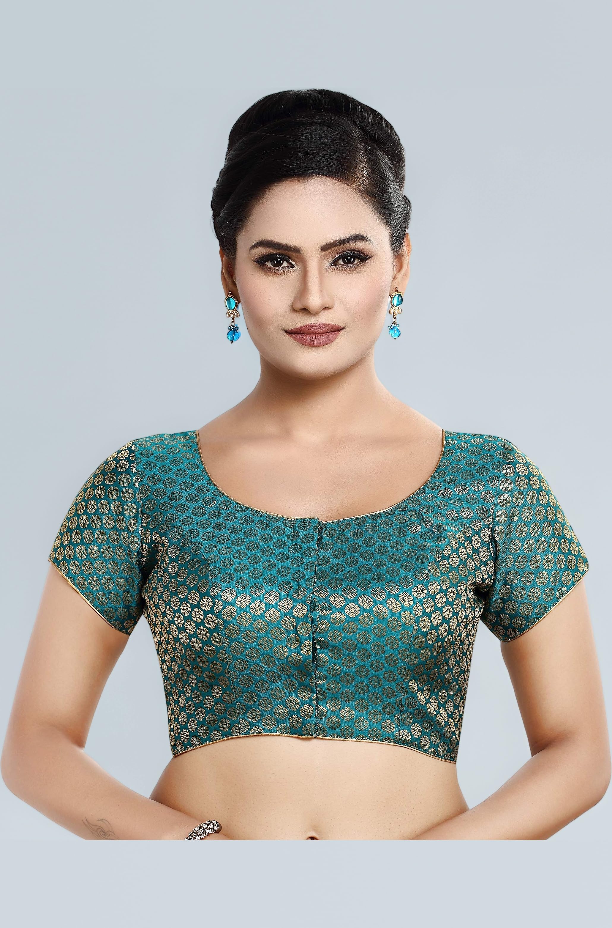 Madhu Fashion Womens Short Sleeves Banaras Brocade Readymade Saree Blouse