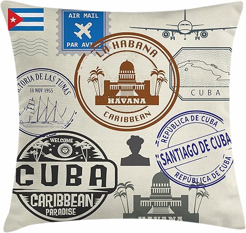 Lunarable Havana - Funda de cojín con diseño de pasaporte, concepto de viaje, diseño de ciudades y lugares de interés cubanos, funda de almohada