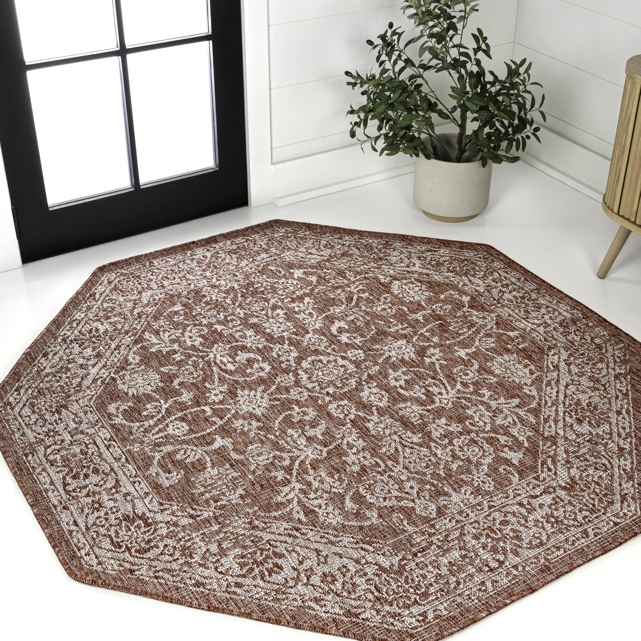 jonathan y weave floral indoor outdoor octagon area rug 8 ft red/taupe, tela bohemian textured for backyard, patio, porch, easy-cleaning, high traffic, pet-friendly, non-shedding (smb100a-8tgn)