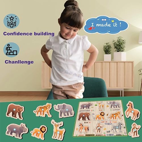 Image of Nizomi Wooden Sea Animals & Jungle Animals Peg Puzzle for Kids | Montessori Educational Puzzle Board with Fish, Dolphin, Lion, Elephant & More | Early Learning Toy