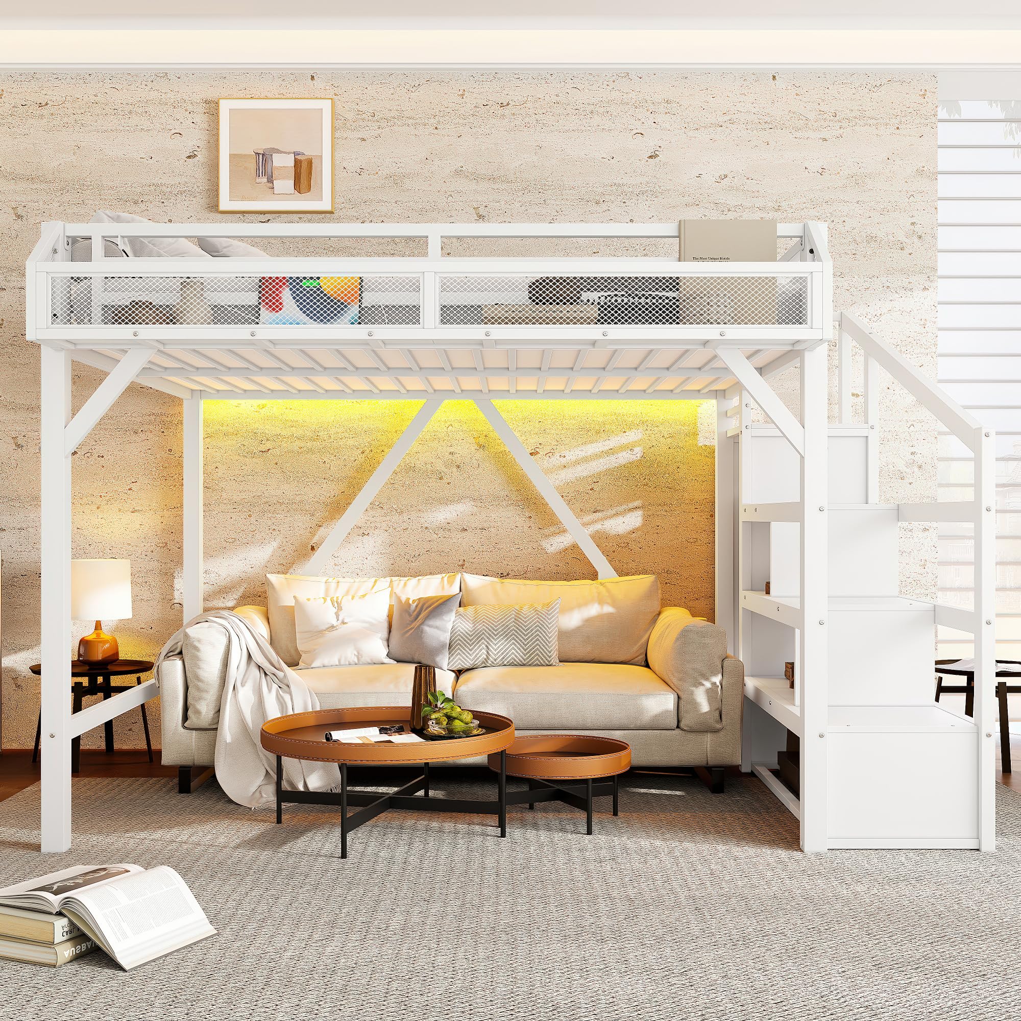 KEIKI Full Loft Bed with sofa underneath and storage stairs