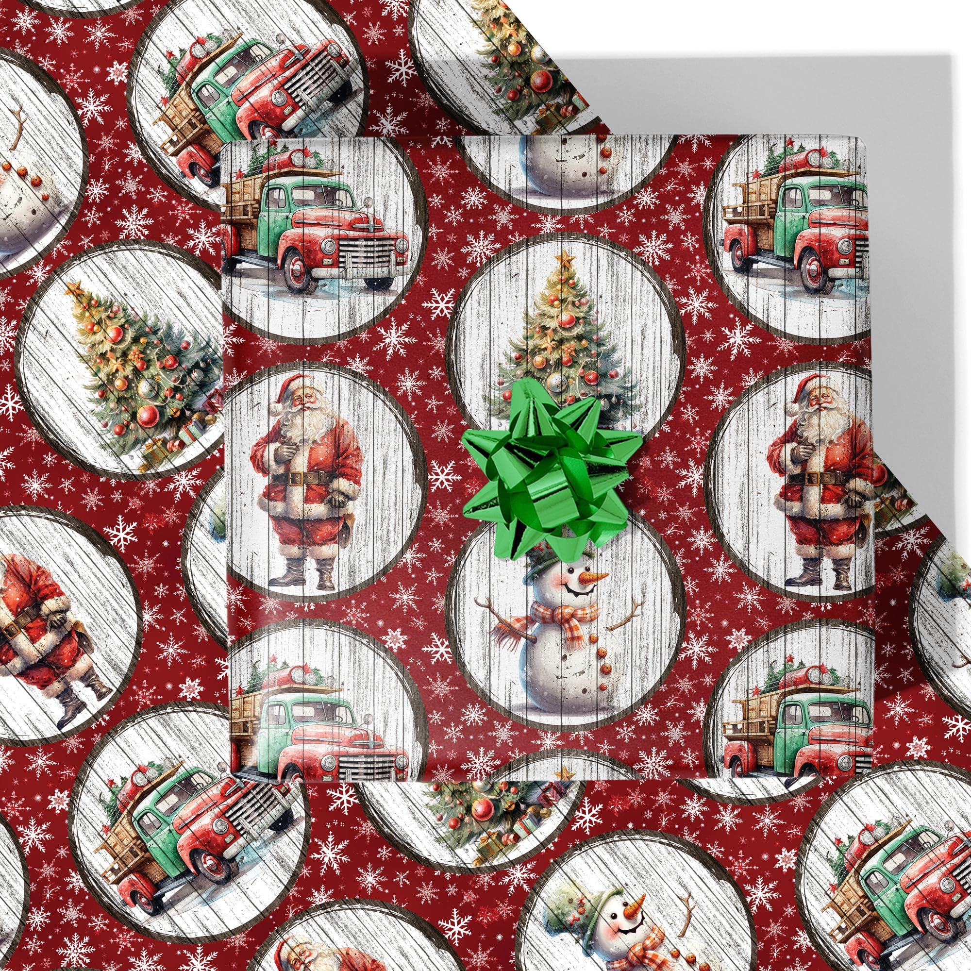 RiukRaiu Vintage Christmas Wrapping Paper for Kids Adults - Red Xmas Gift Wrap Retro Santa Snowman Tree Farm Truck Wood Grain Crafts for Holiday Party - 4 Jumbo Sheets, 40 x 28 Inches Each