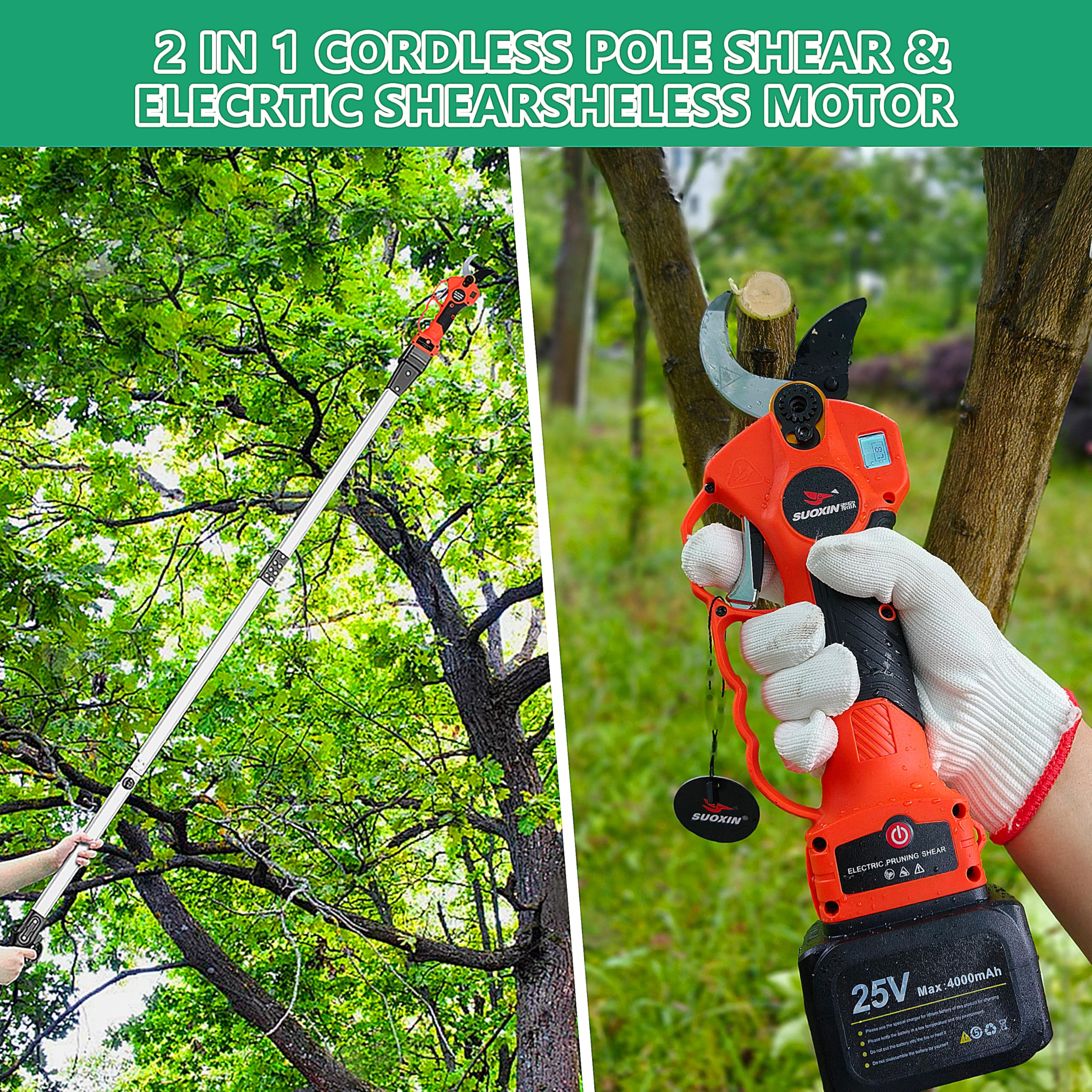 Tijeras de Podar Eléctricas Inalámbricas Suoxin 2 en 1 con Poste Telescópico Plegable de 1.9 m, Hoja SK5, Corte de 1.6", Pantalla LCD, 2 Baterías de 4Ah para Jardín