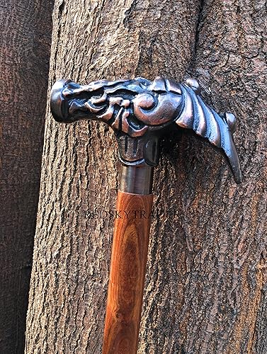 Miniatura 5 de Cabeza de hombre antiguo de latón con mango de diseñador plegable de madera, estilo steampunk, regalo de diseñador de moda para caballeros, acabado