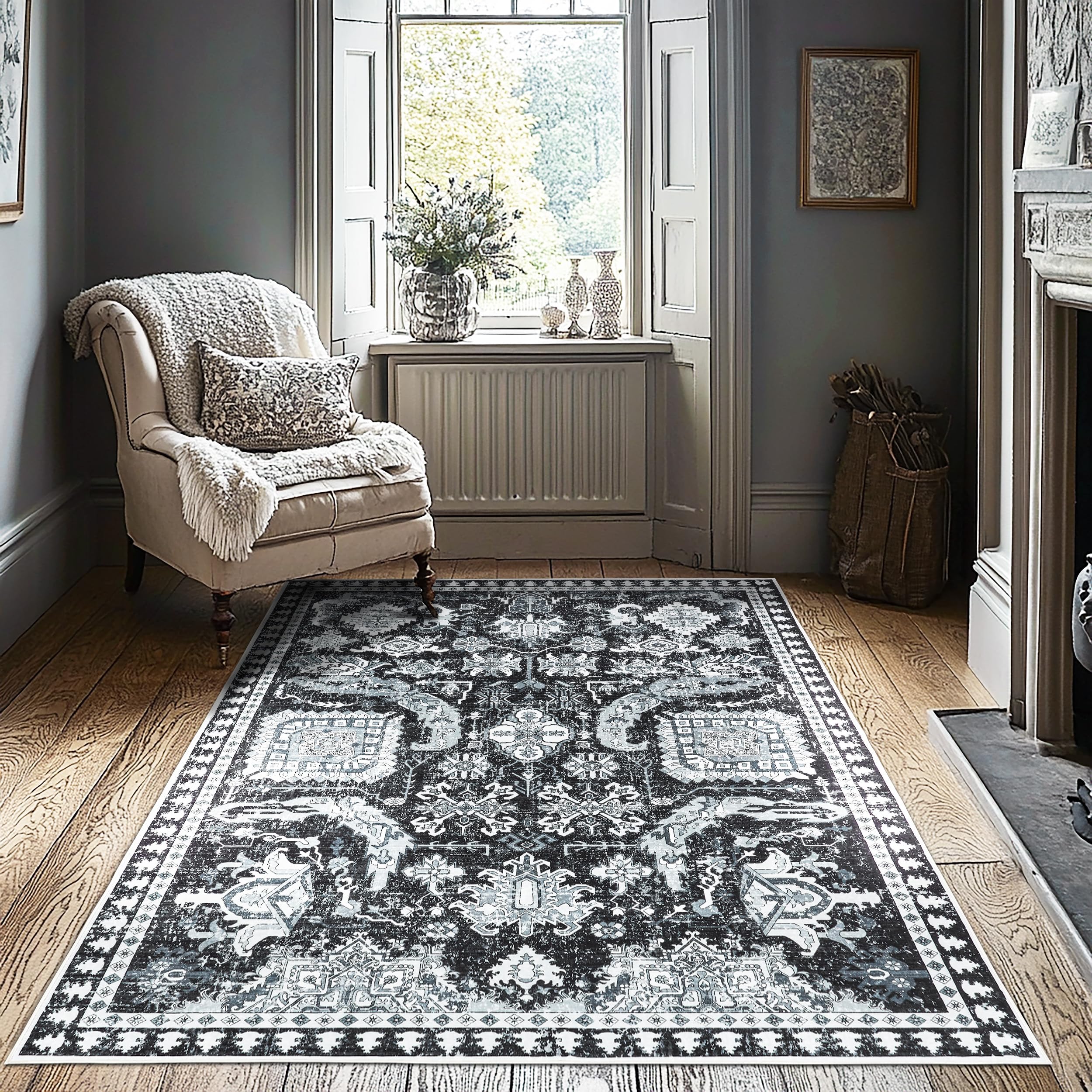 5x7 ft Area Rug - Washable Non-Slip Indoor Rug for Bedroom, Living Room, Kitchen, Office, Entryway - Soft Boho Black & White Design, Kids-Friendly,