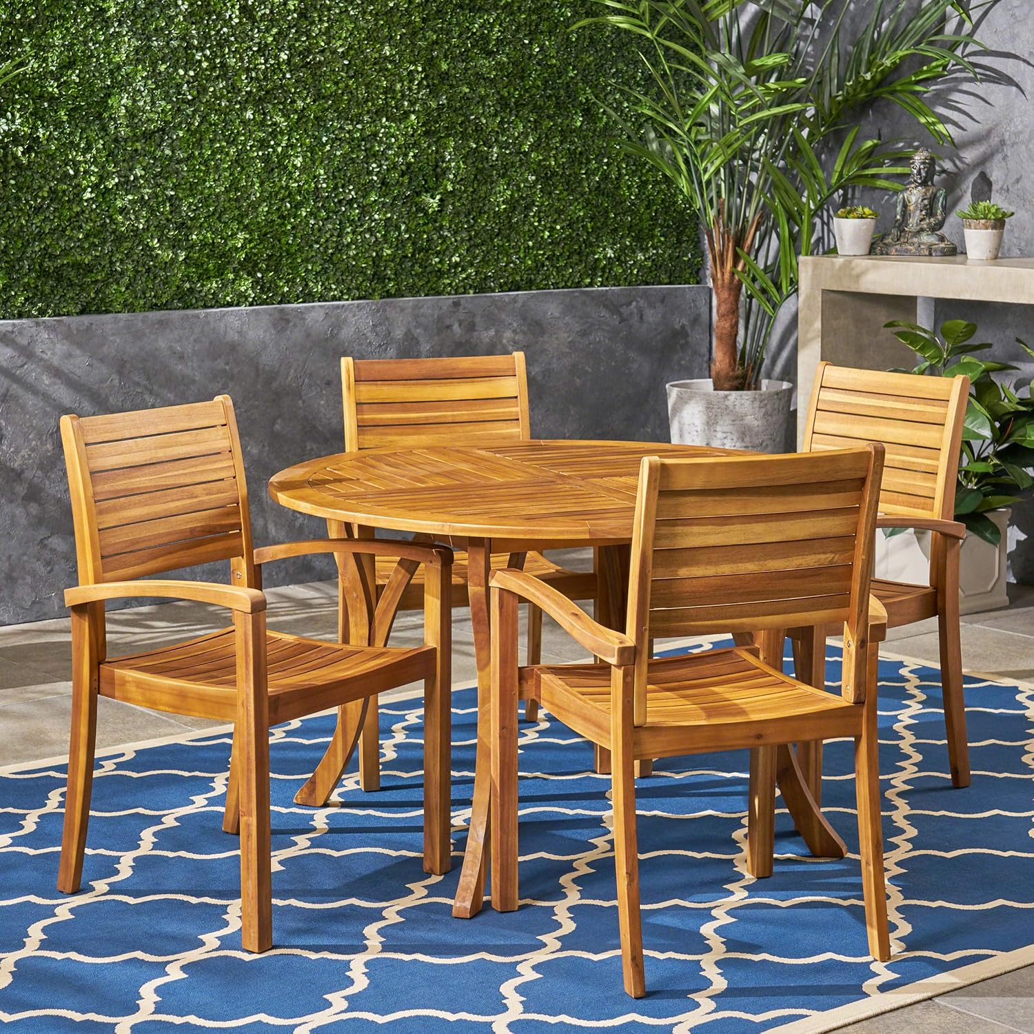 Christopher Knight Home Payne Outdoor 4-Seater Round Acacia Wood Dining Set, Teak Finish