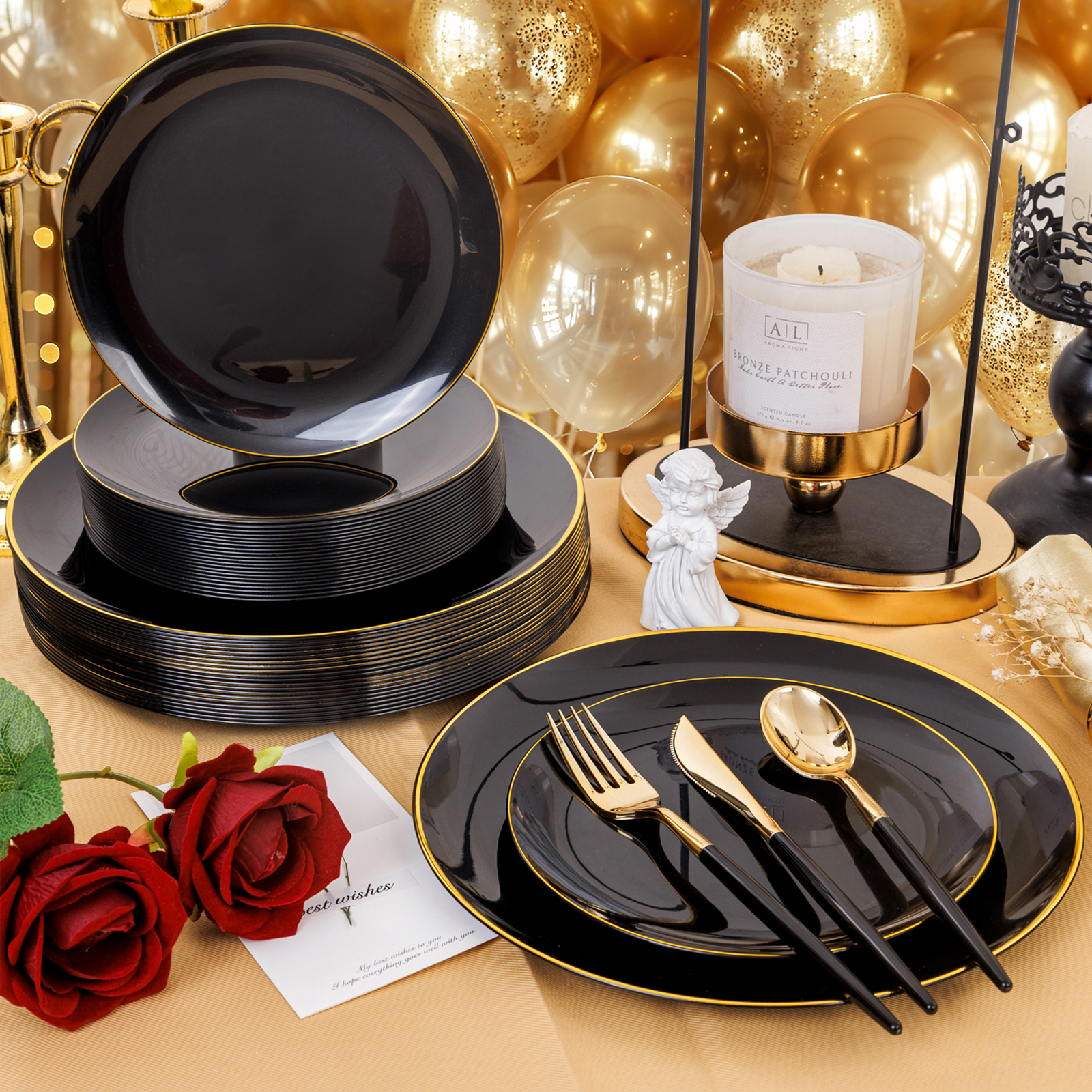 Amazon.com: Supernal 102 Pcs Black and Gold Plastic Silverware Set 